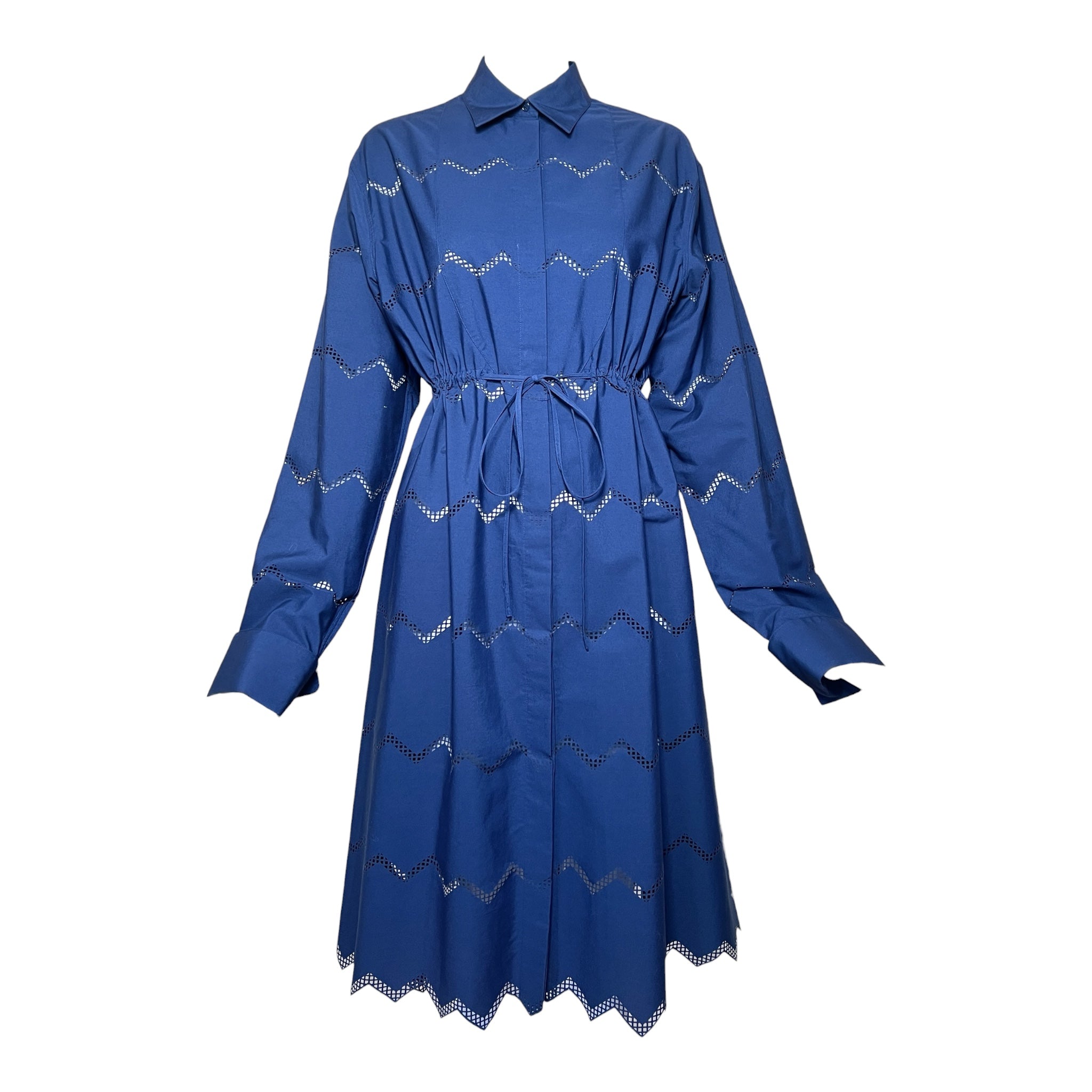 Alaïa Navy Blue Poplin Chevron Eyelet Shirt Dress