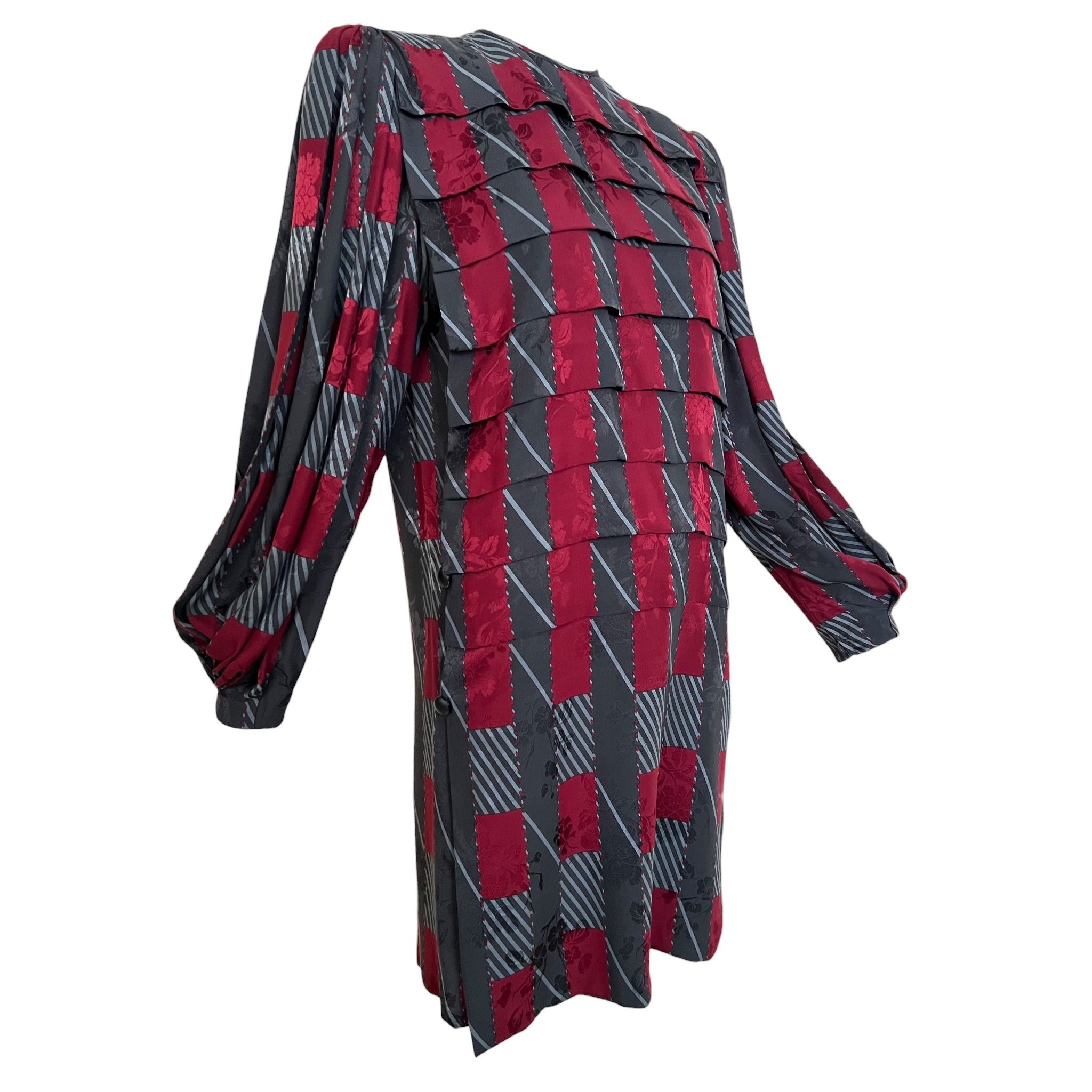 Galanos 1980's Maroon and Grey Silk Jacquard Graphic Print Dress, slight side