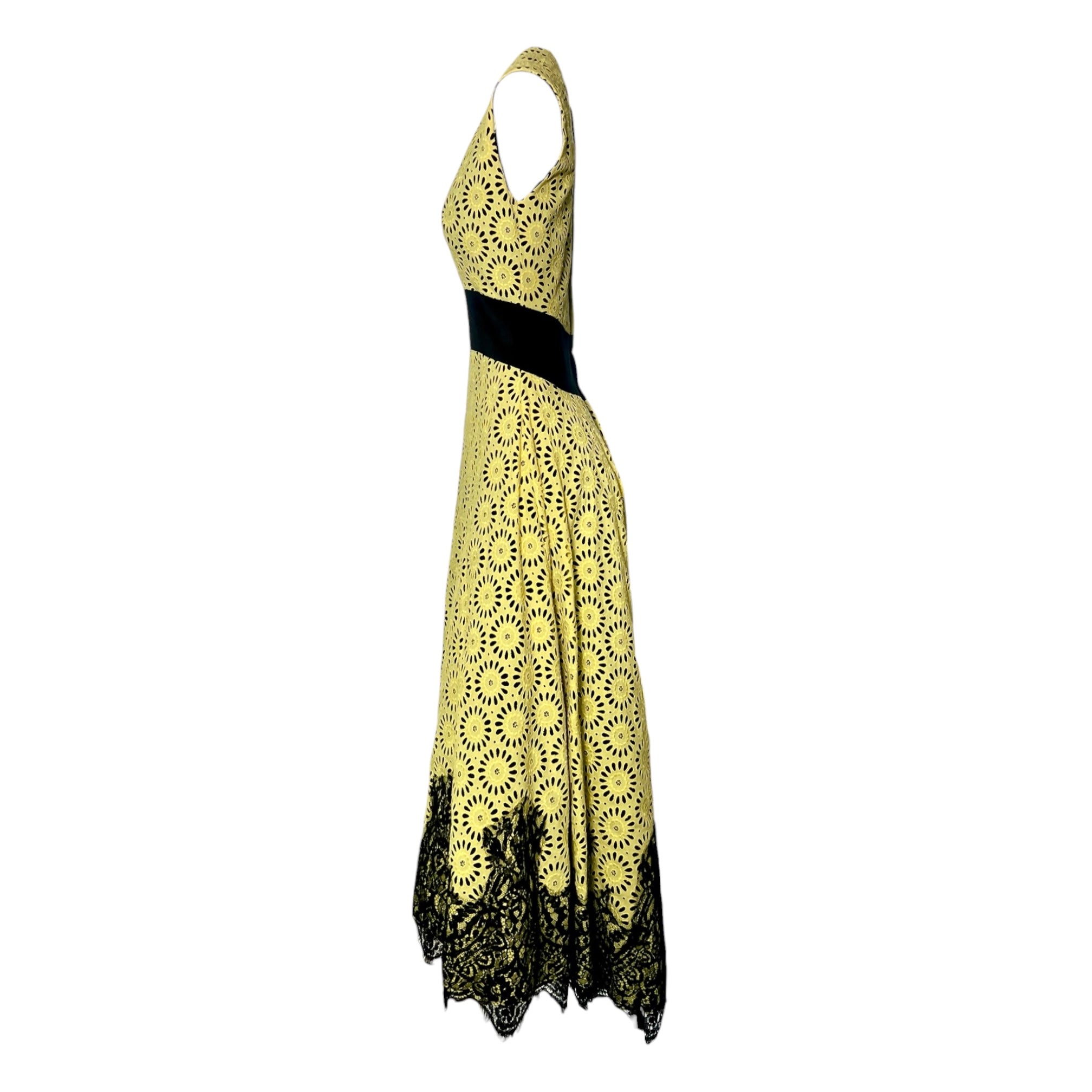 Irene 2000's Yellow Cotton Eyelet and Black Lace Fit and Flare Dress Irene 2000's Yellow Cotton Eyelet and Black Lace Fit and Flare Dress