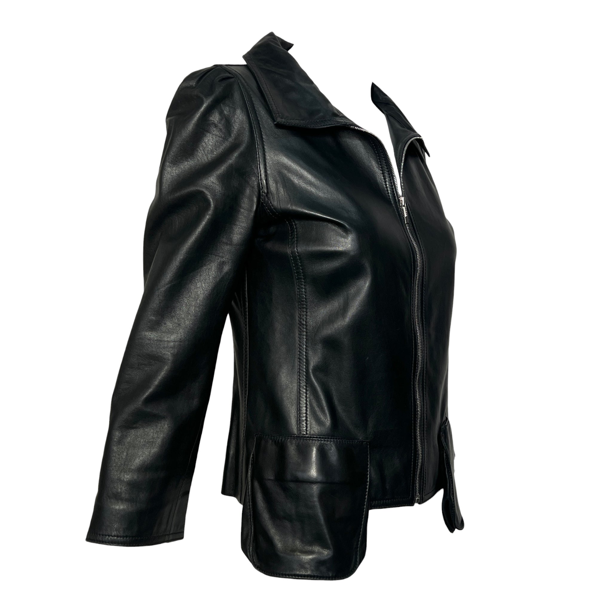 Fendi 2000's Black Leather Jacket with Patch Pockets, slight side