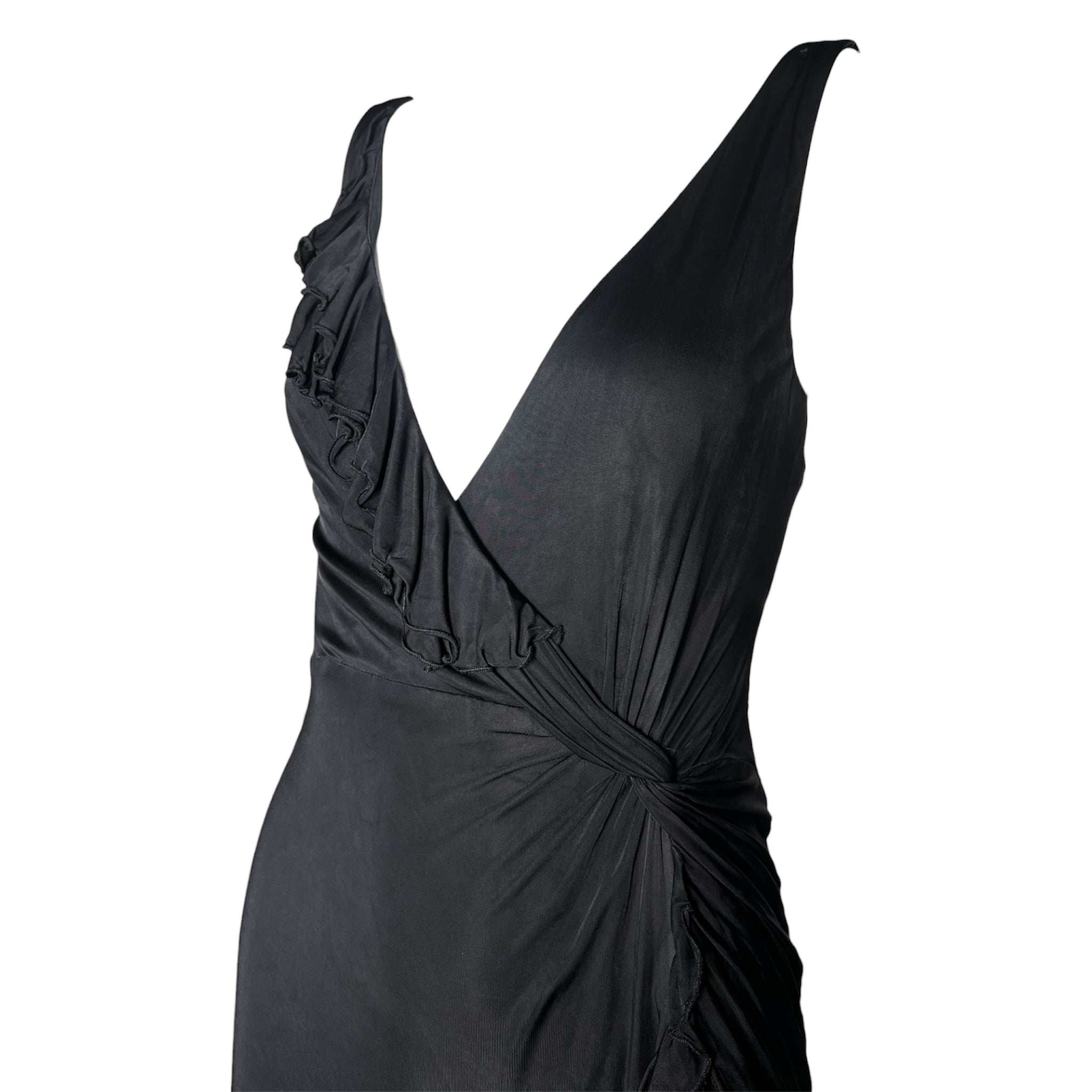 Versace S/S 2004 Charcoal Black Ruffled Jersey Mini Dress, bodice slight side