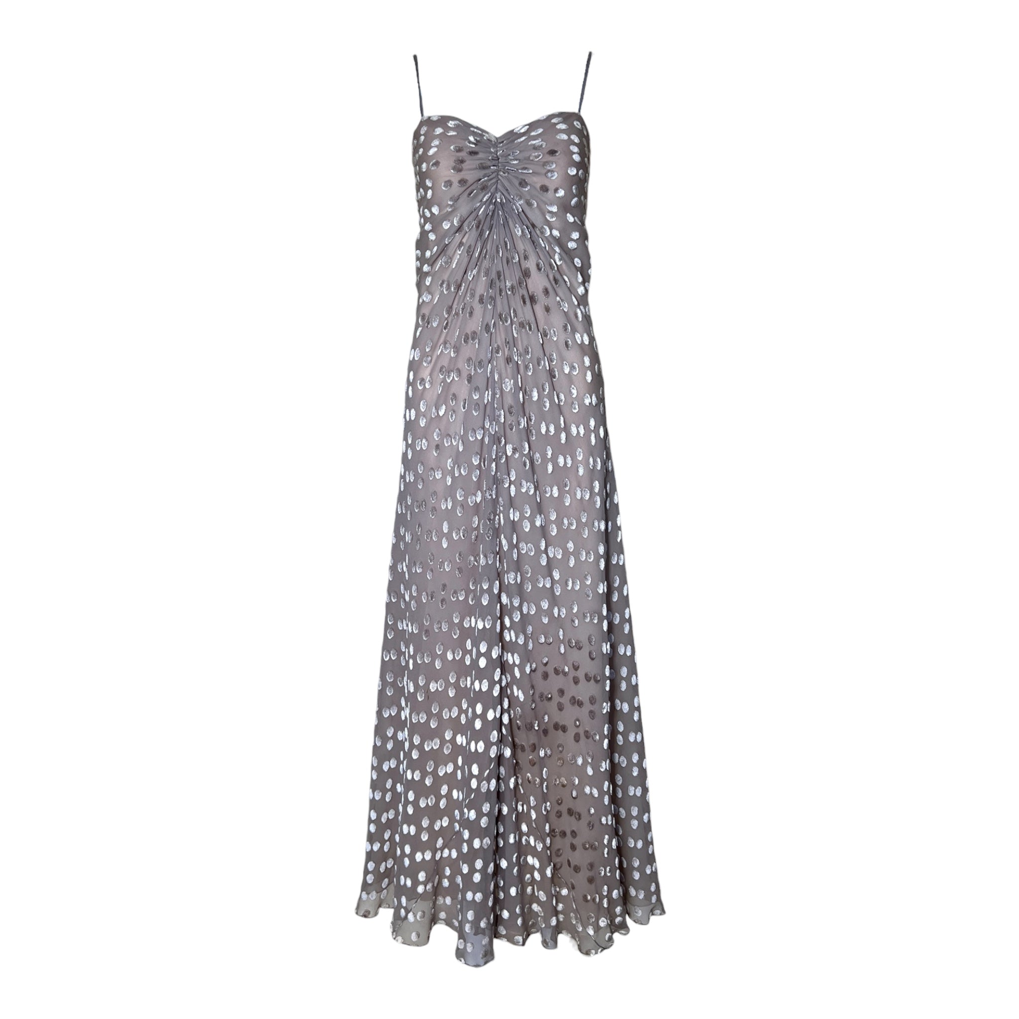 Stavropoulos 1970's Grey Devore Velvet Polkadot and Silk Gown
