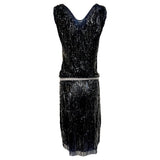 1920's Black Sequin Evening Dress with Rhinestone Belt and Beaded Fringe