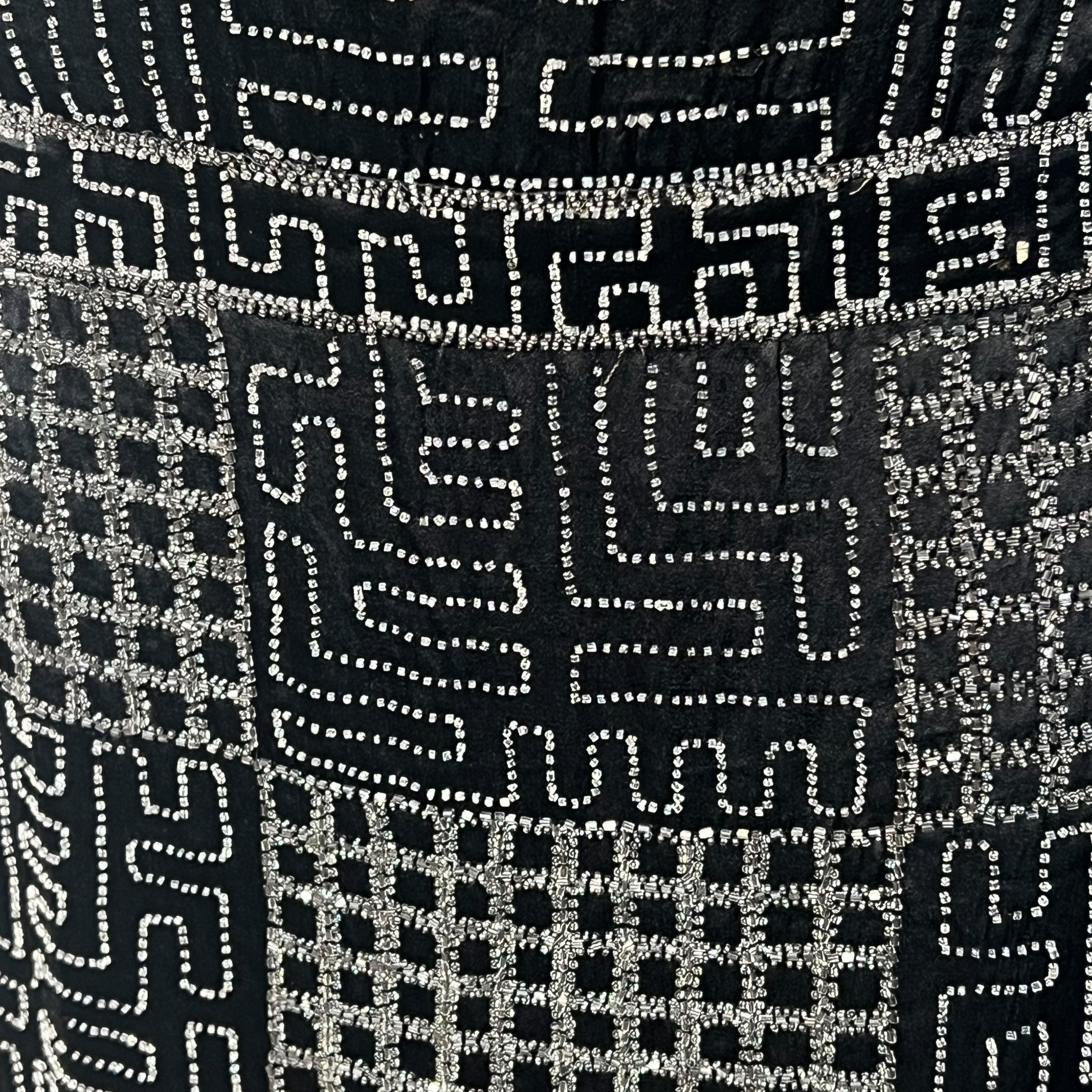 1920's Art Deco Geometric Beaded Black Silk Satin Evening Dress, detail