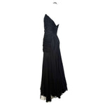 1950's Black Silk Chiffon Ruched Drop Waist Hourglass Halter Gown, slight side back
