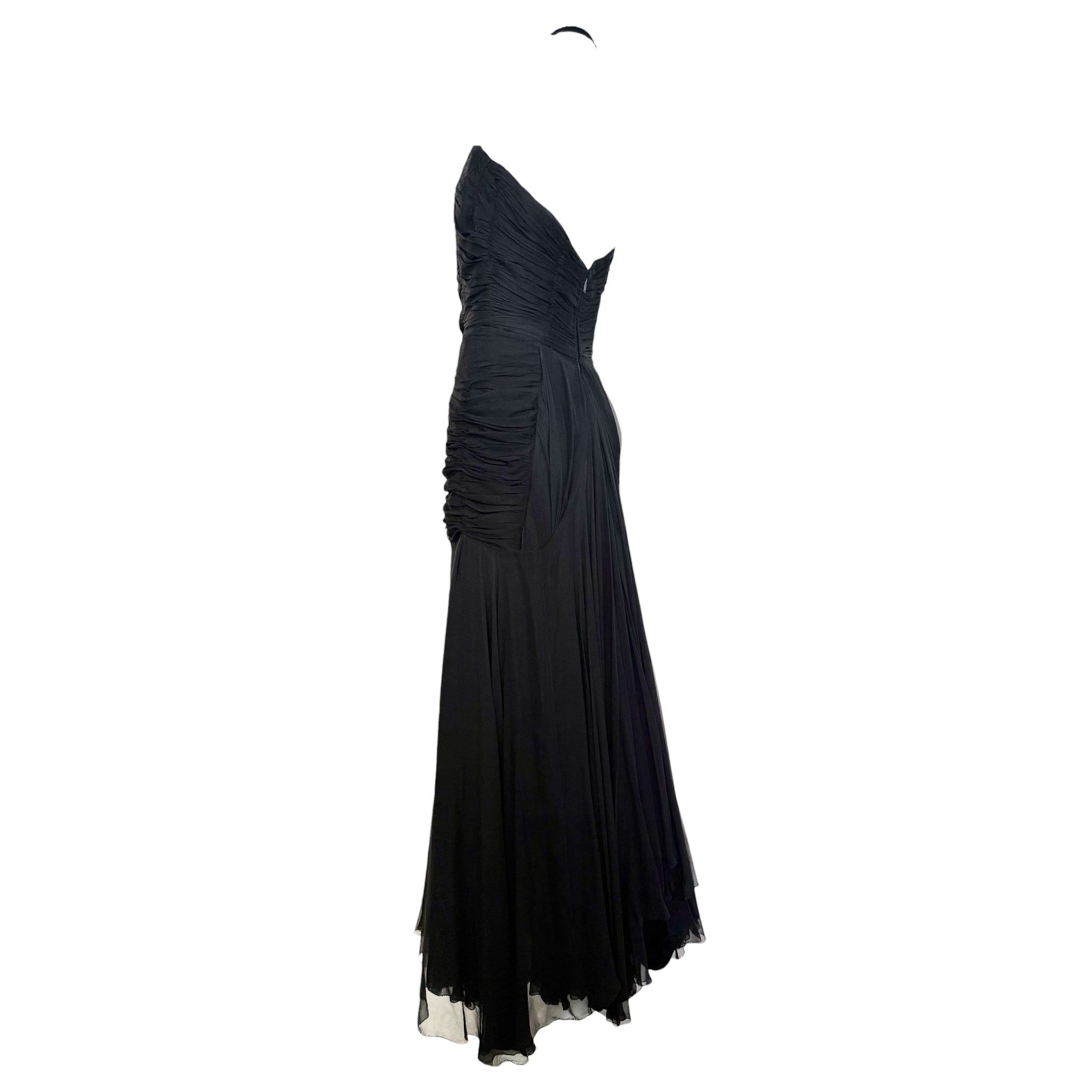 1950's Black Silk Chiffon Ruched Drop Waist Hourglass Halter Gown, slight side back