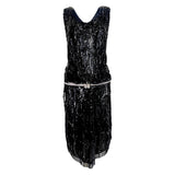 1920's Black Sequin Evening Dress with Rhinestone Belt and Beaded Fringe