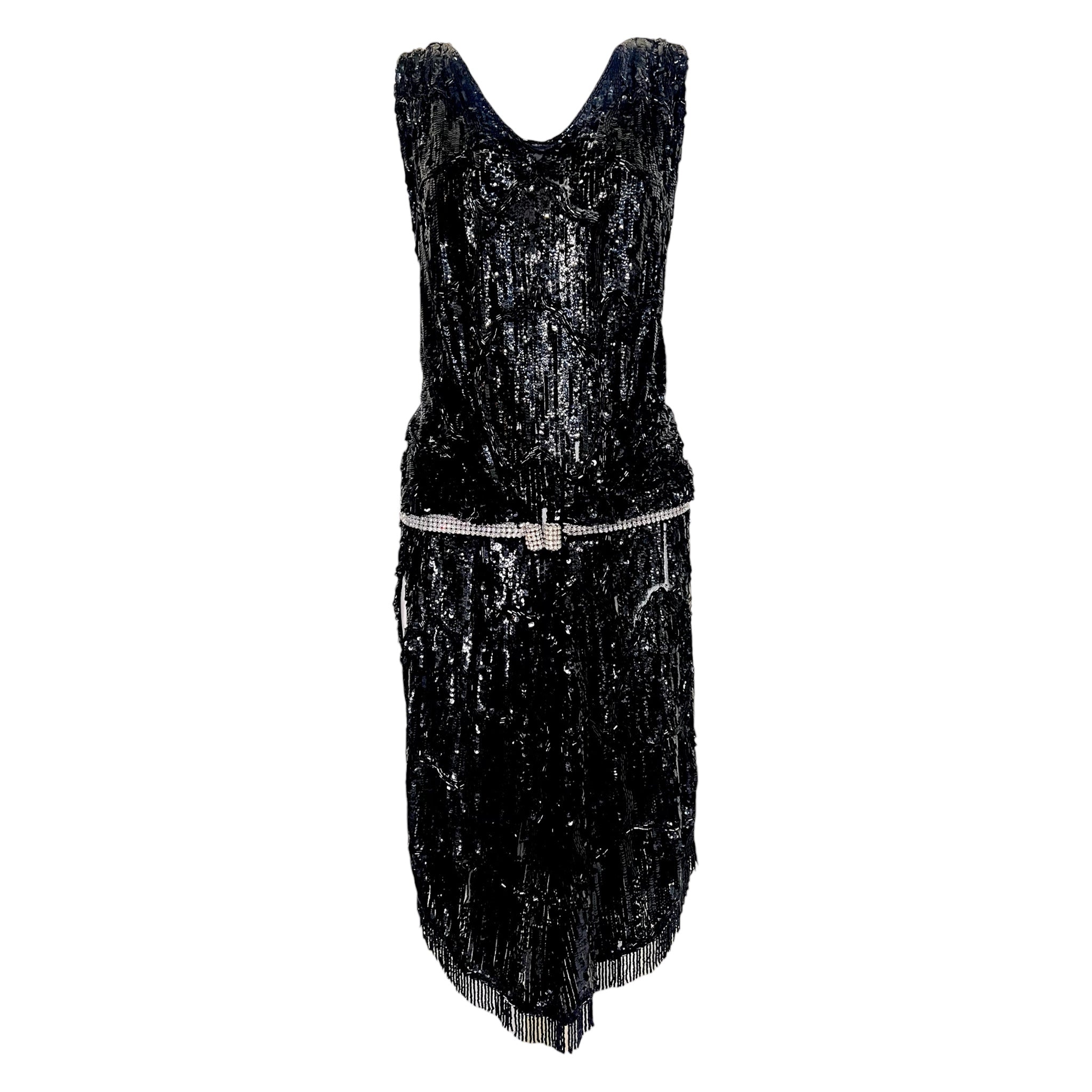 1920's Black Sequin Flapper Evening Dress with Rhinestone Belt and Beaded Fringe – THE WAY WE WORE