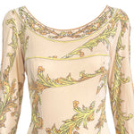 Emilio Pucci 1970's Pale Peach Pastel Printed Silk Jersey Mini Dress, bodice