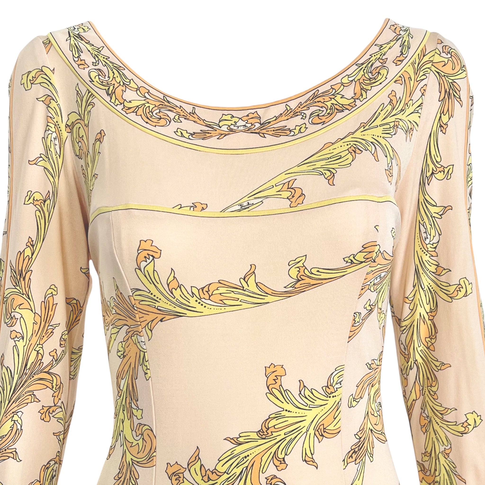 Emilio Pucci 1970's Pale Peach Pastel Printed Silk Jersey Mini Dress, bodice