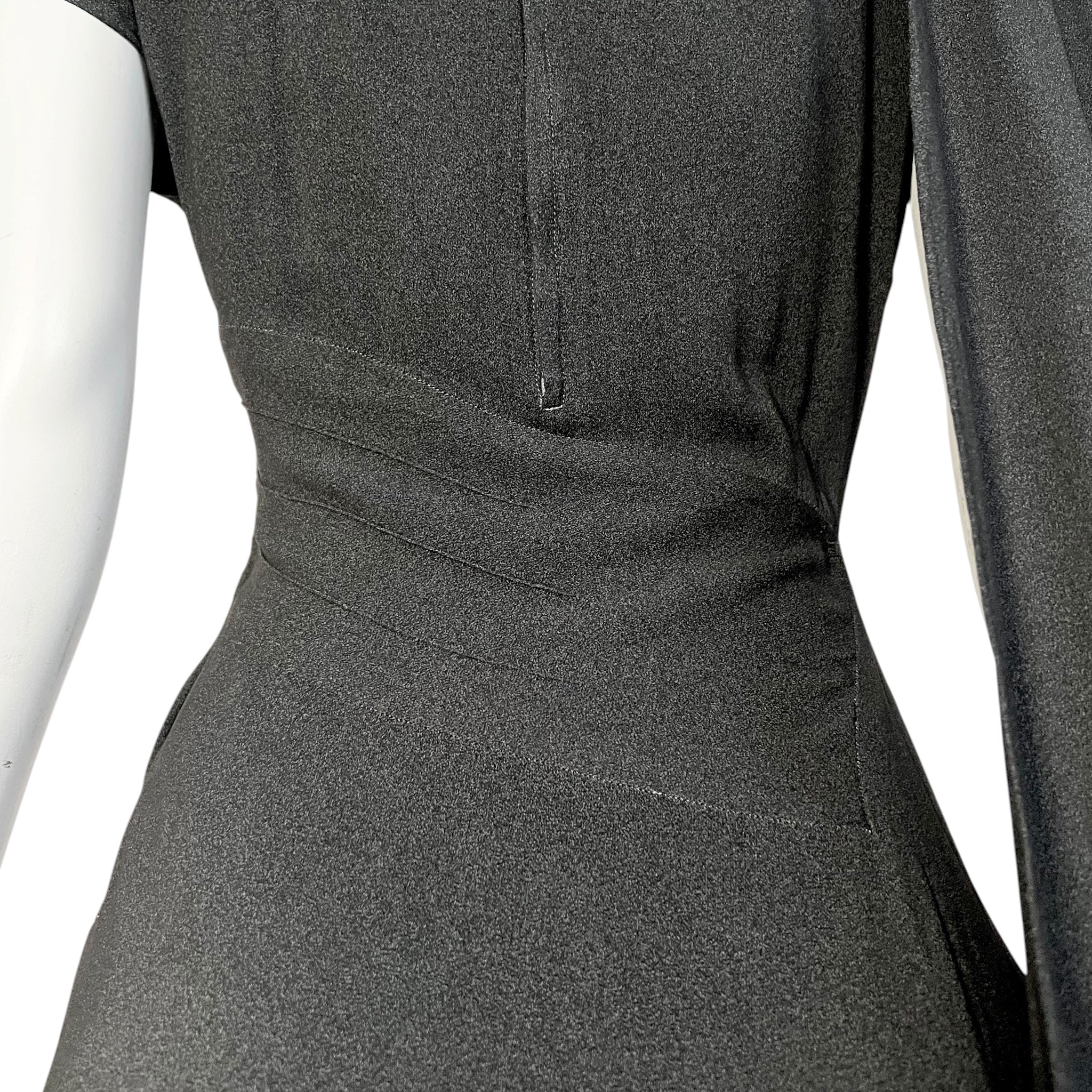 1940's Charcoal Rayon Crystal Studded Evening Dress with Swag Drape, waist