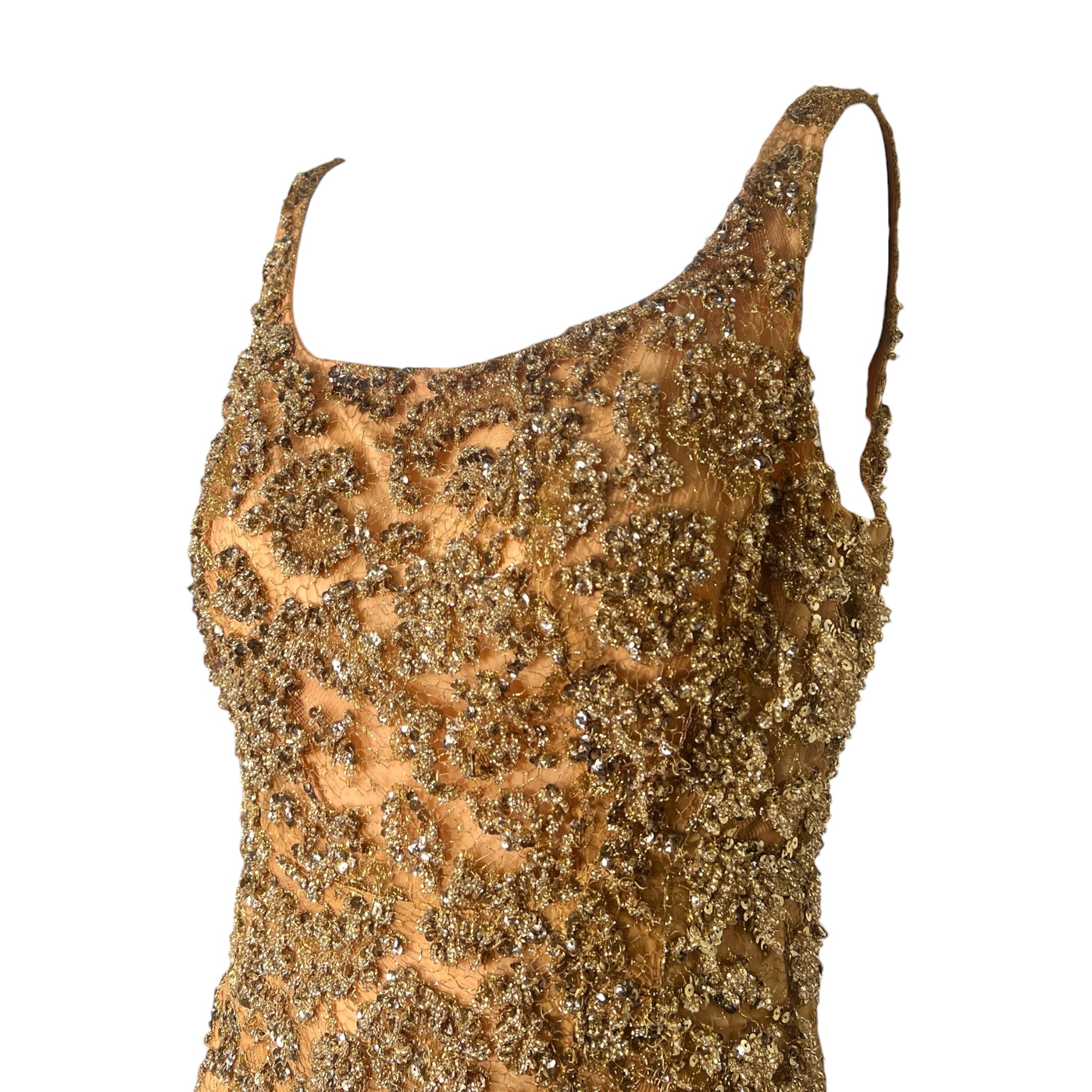 1960's Gold Heavily Embellished Knit Lace Evening Bombshell Gown, top side
