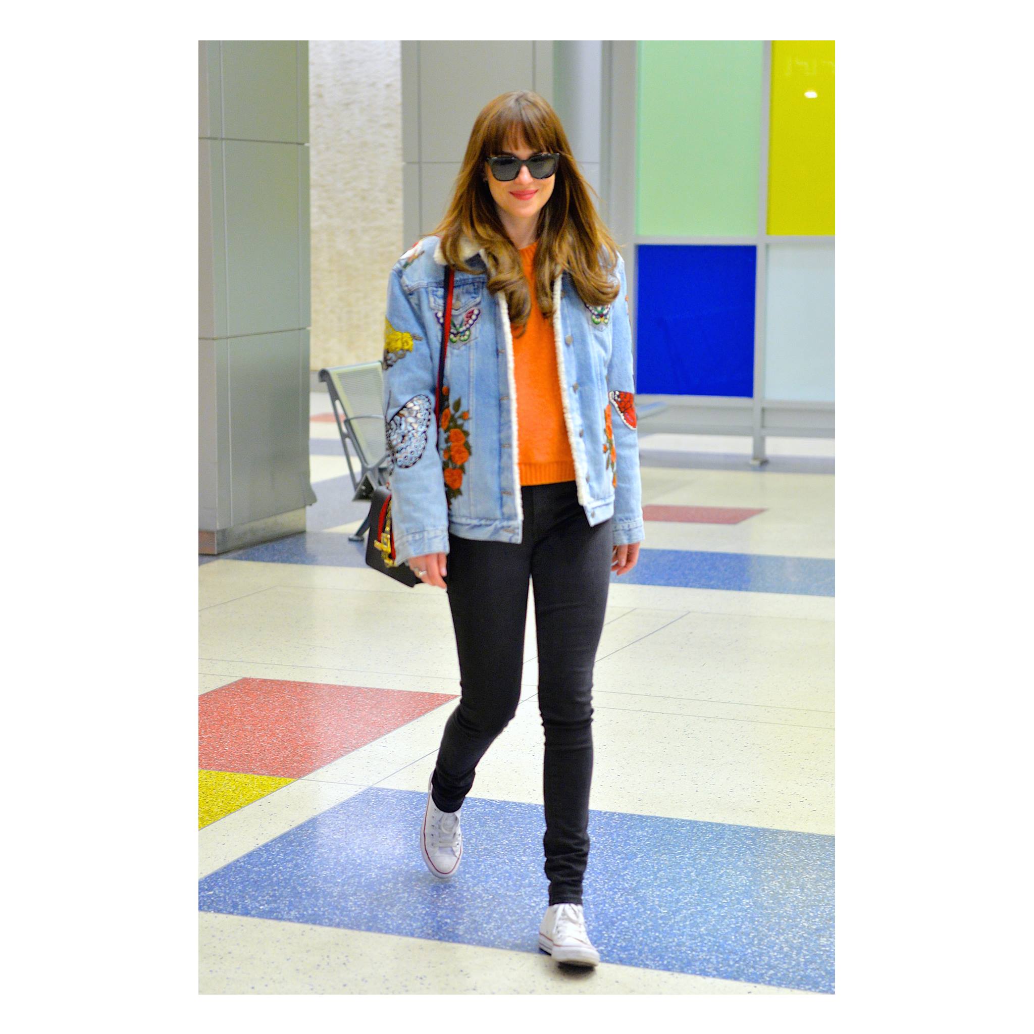 Gucci F/W 2016 Denim Patchwork Jacket with Faux Shearling Lining, Dakota Johnson wearing FW16 Gucci