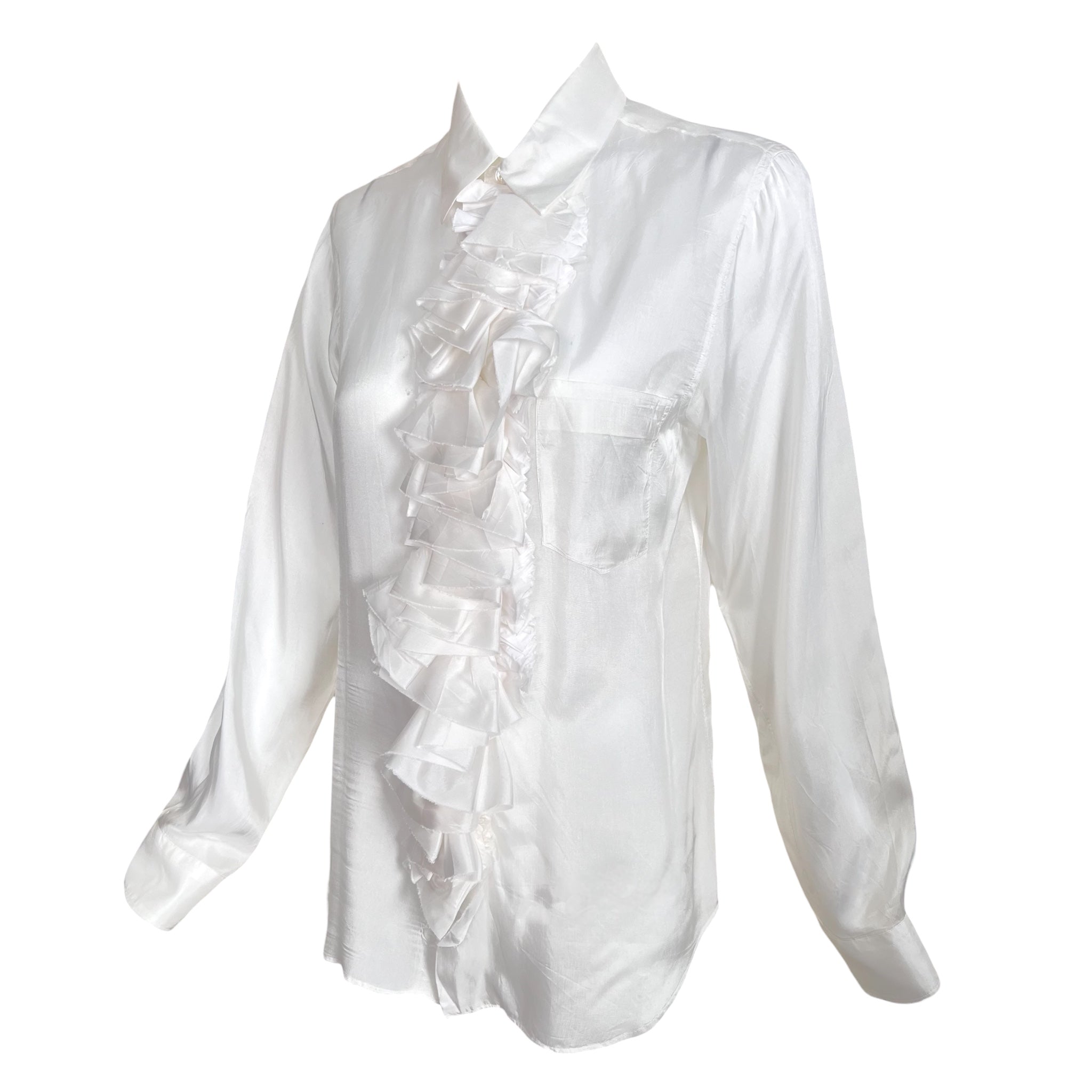 Comme Des Garçon Y2K Satin Tuxedo Blouse w/Long Ruffled Jabot, slight side view