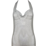 Ferrara 1980s Rare Pewter Ring Mesh Chain Mail Halter Dress, top detail