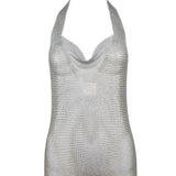 Ferrara 1980s Rare Pewter Ring Mesh Chain Mail Halter Dress, top detail