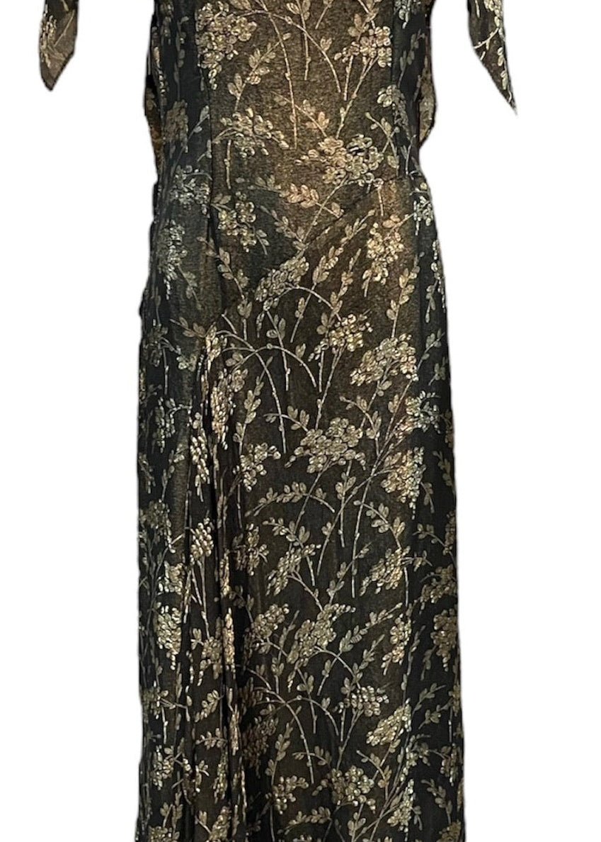 30s Black and Gold Floral Lamé Gown with Flounced Sleeves FRONT 1 of 4