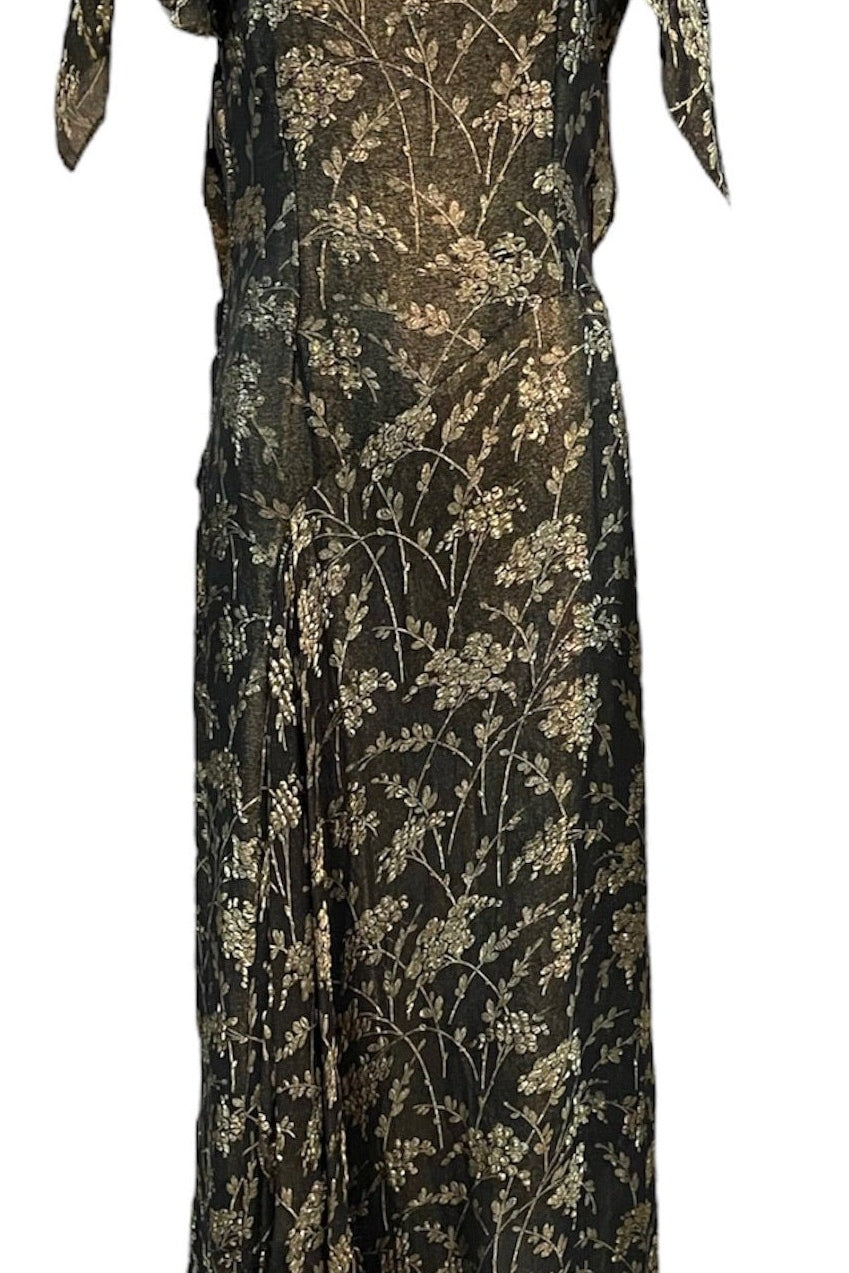 30s Black and Gold Floral Lamé Gown with Flounced Sleeves FRONT 1 of 4