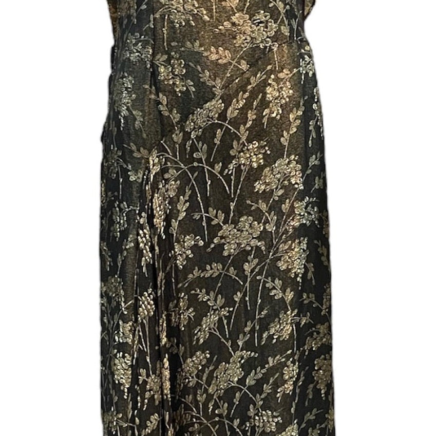 30s Black and Gold Floral Lamé Gown with Flounced Sleeves FRONT 1 of 4