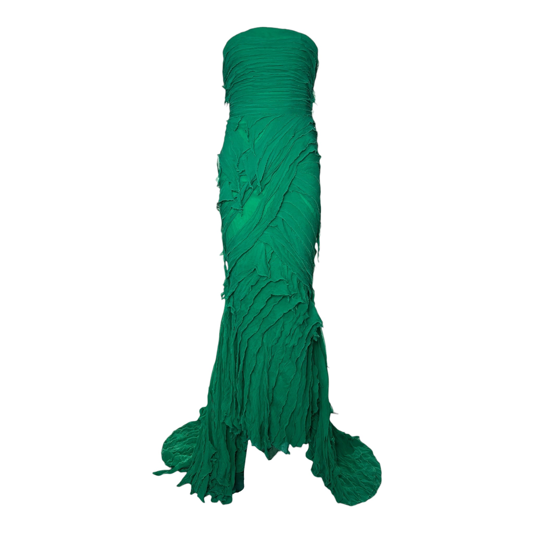Ermanno Scervino Green Silk Crepon Fringed Layered Strapless Gown