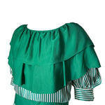 1980's Green and White Striped Silk Dress with Flutter Collar, top detail