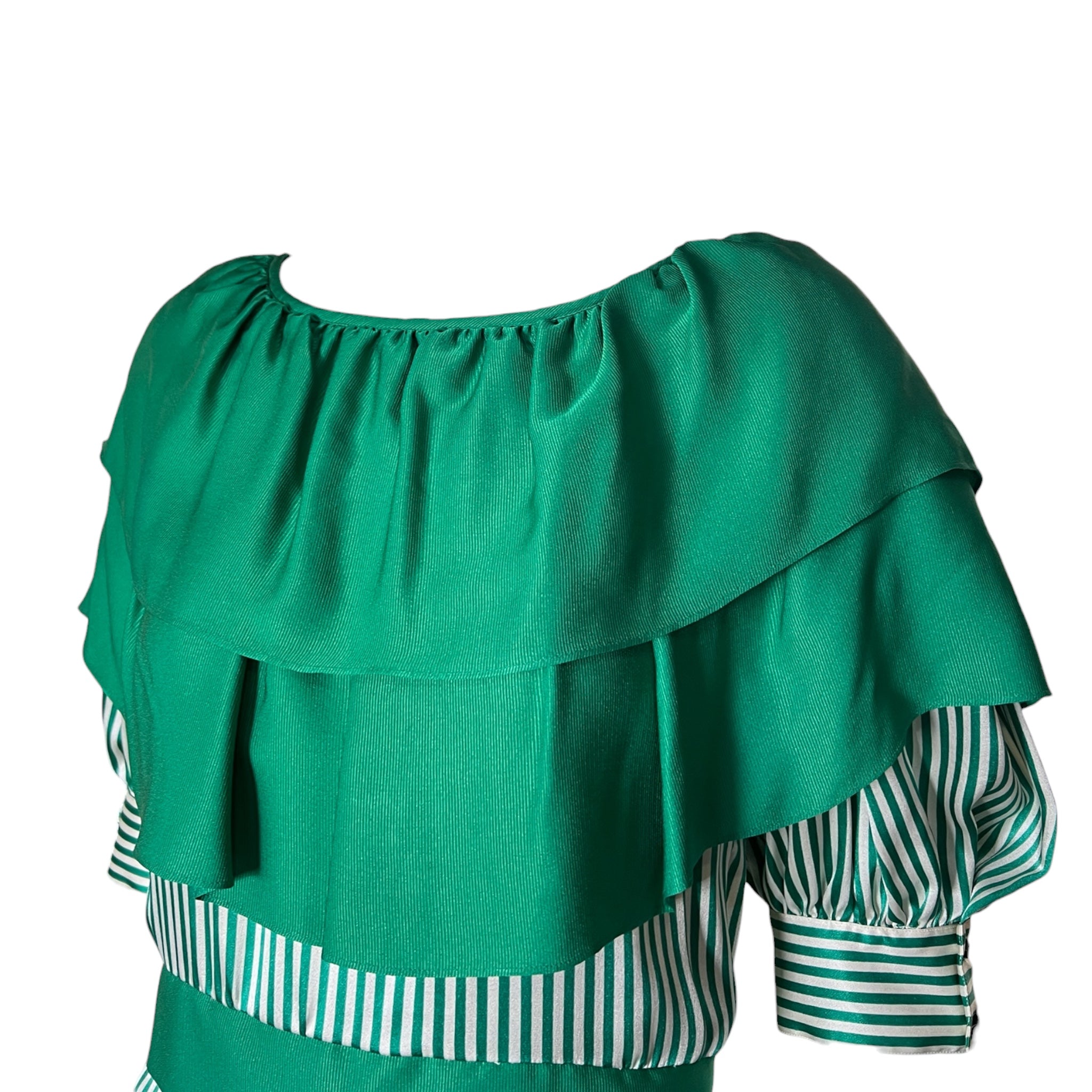1980's Green and White Striped Silk Dress with Flutter Collar, top detail