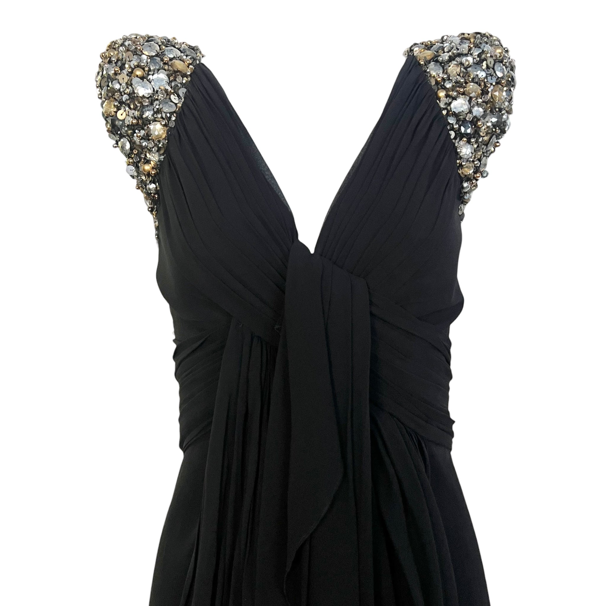  Elie Saab Black Silk Gown with Gold and Silver Embellished Capped Sleeves, top