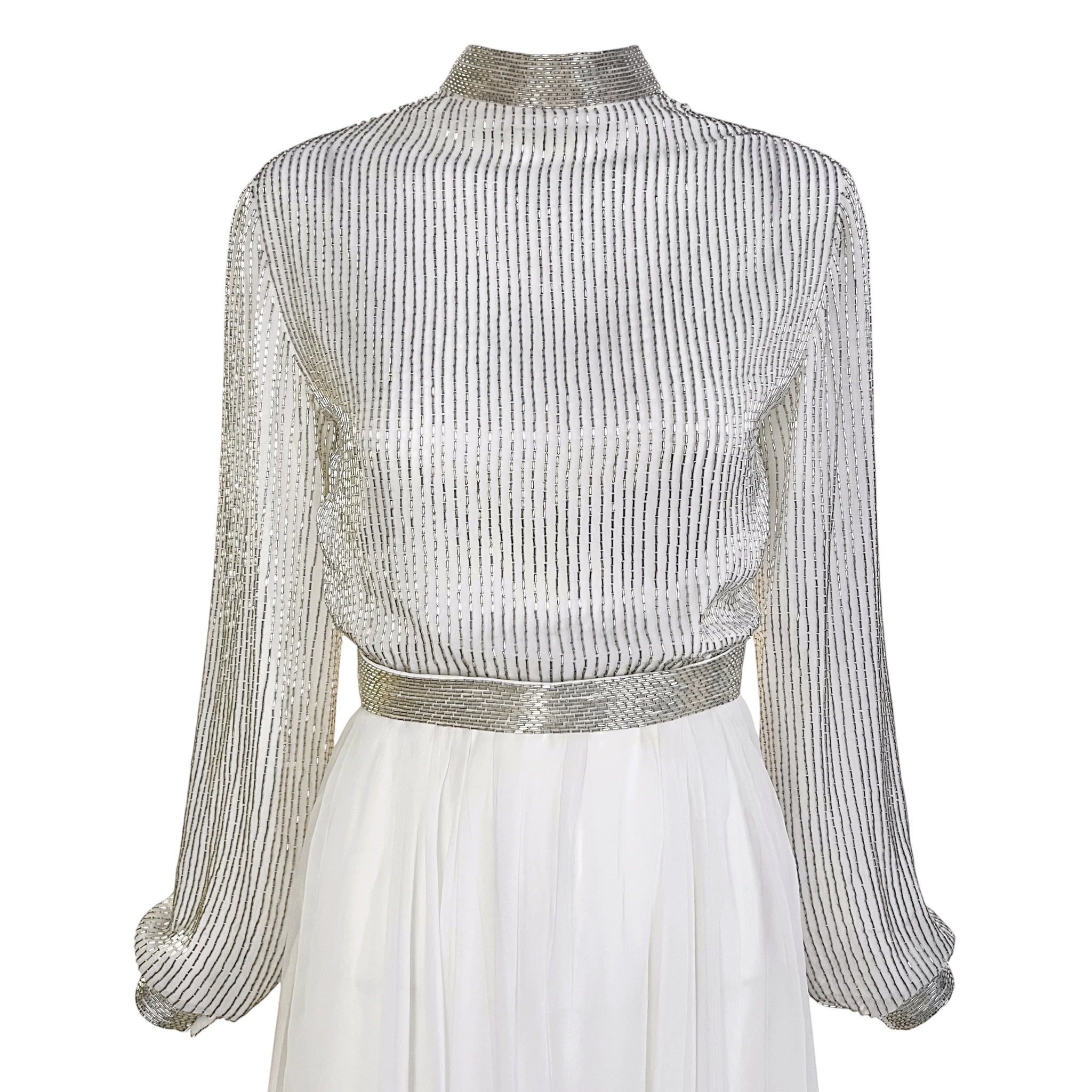 Victoria Royal 1970s White Beaded Fit and Flare Dress, bodice