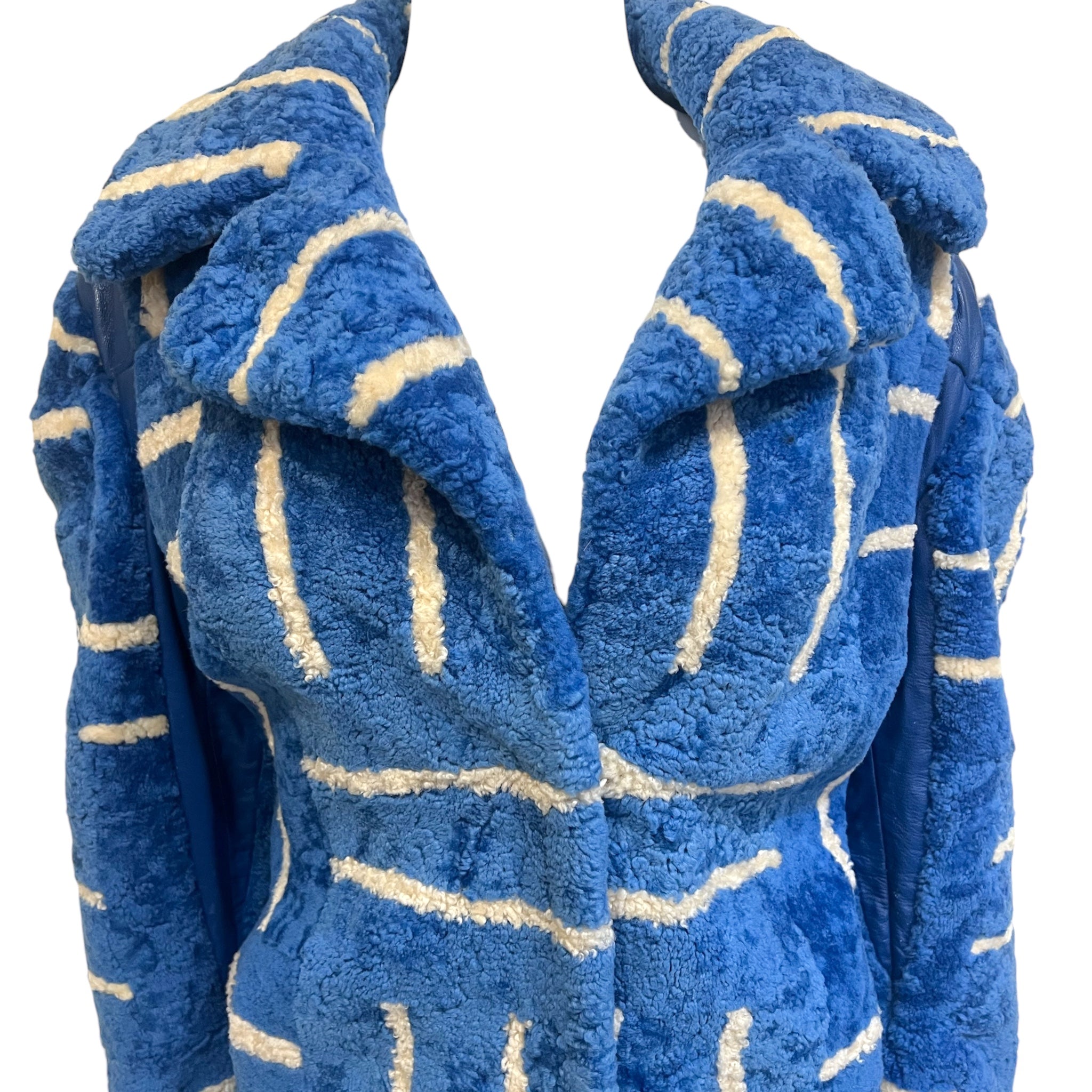 1970's Blue and White Geometric Shearling and Leather Jacket, top