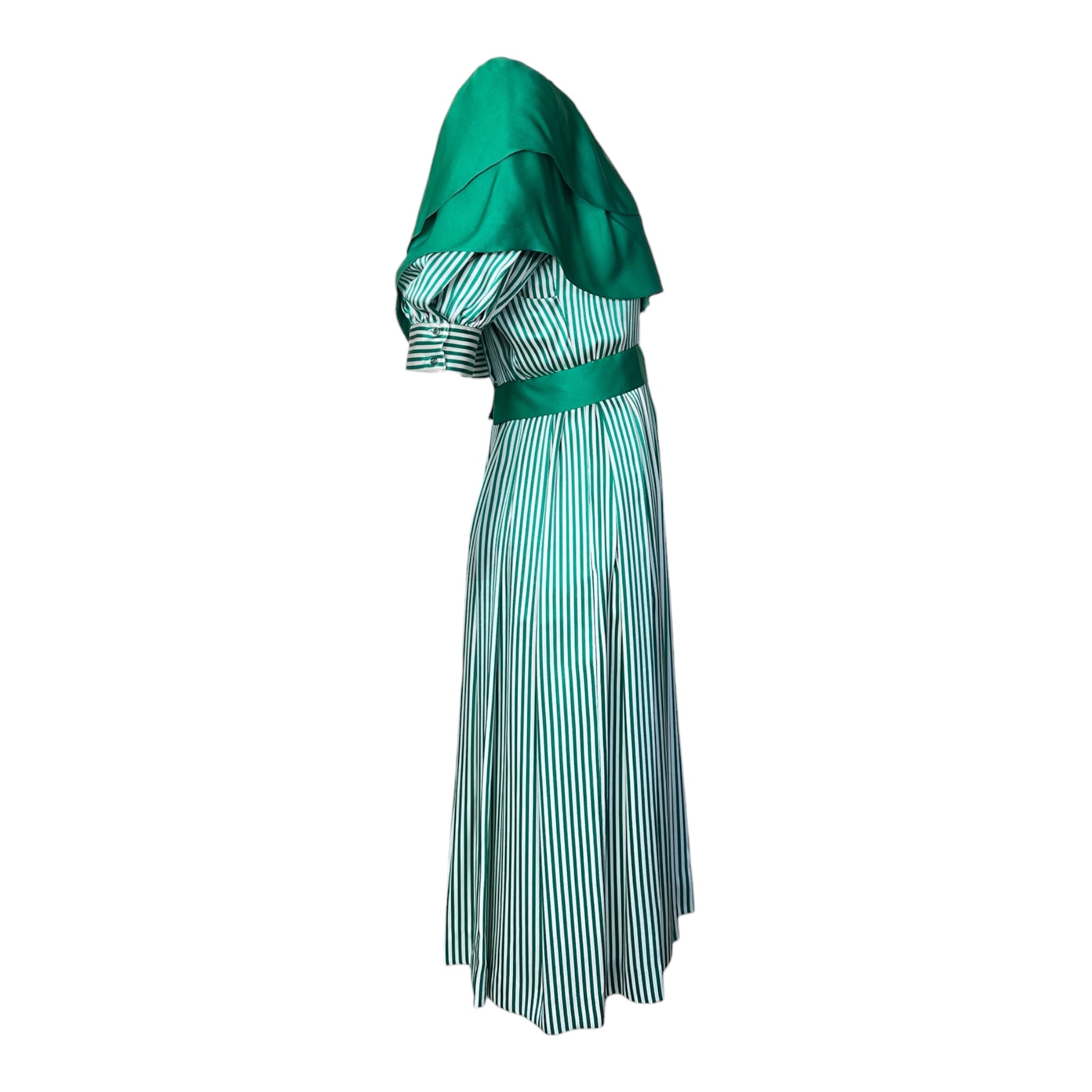 1980's Green and White Striped Silk Dress with Flutter Collar, side