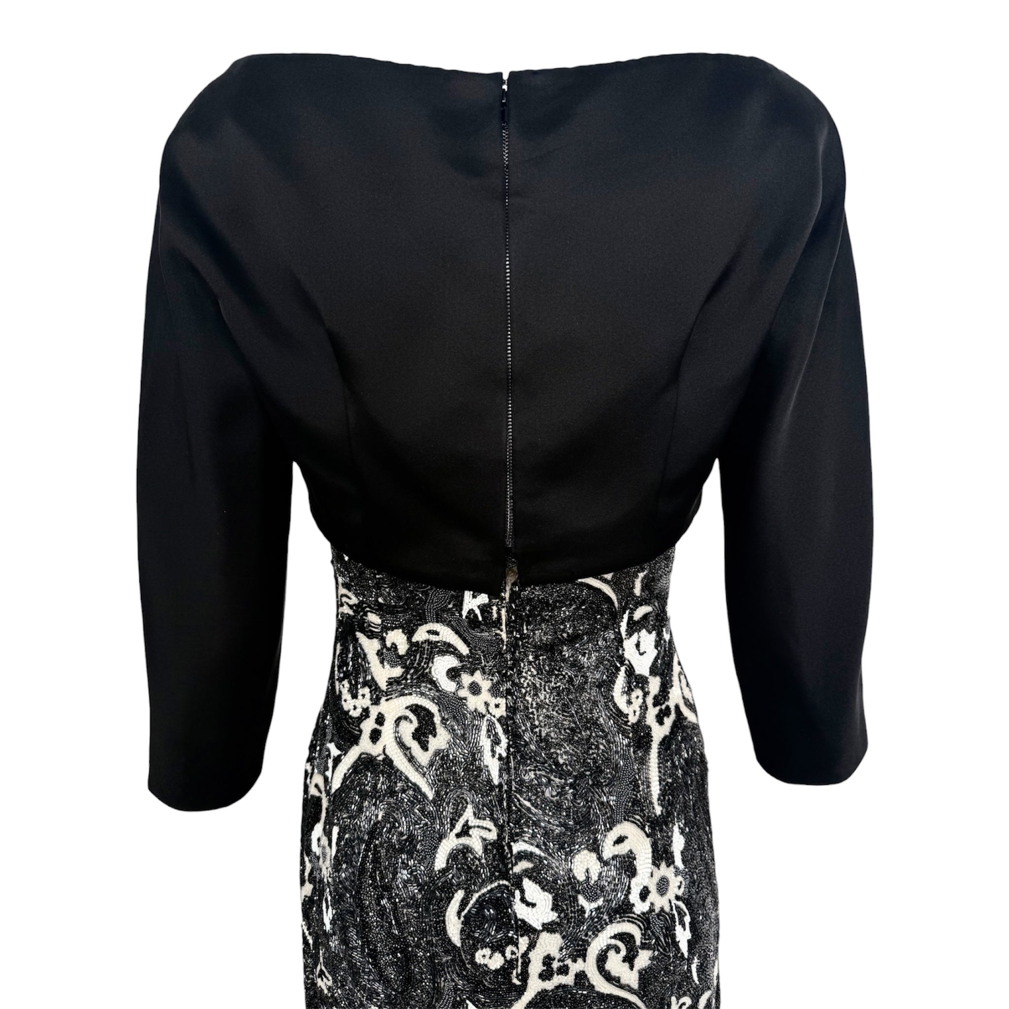 Guy Laroche Haute Couture 1960's Black and White Empire Waist Heavily Beaded Gown, back bodice