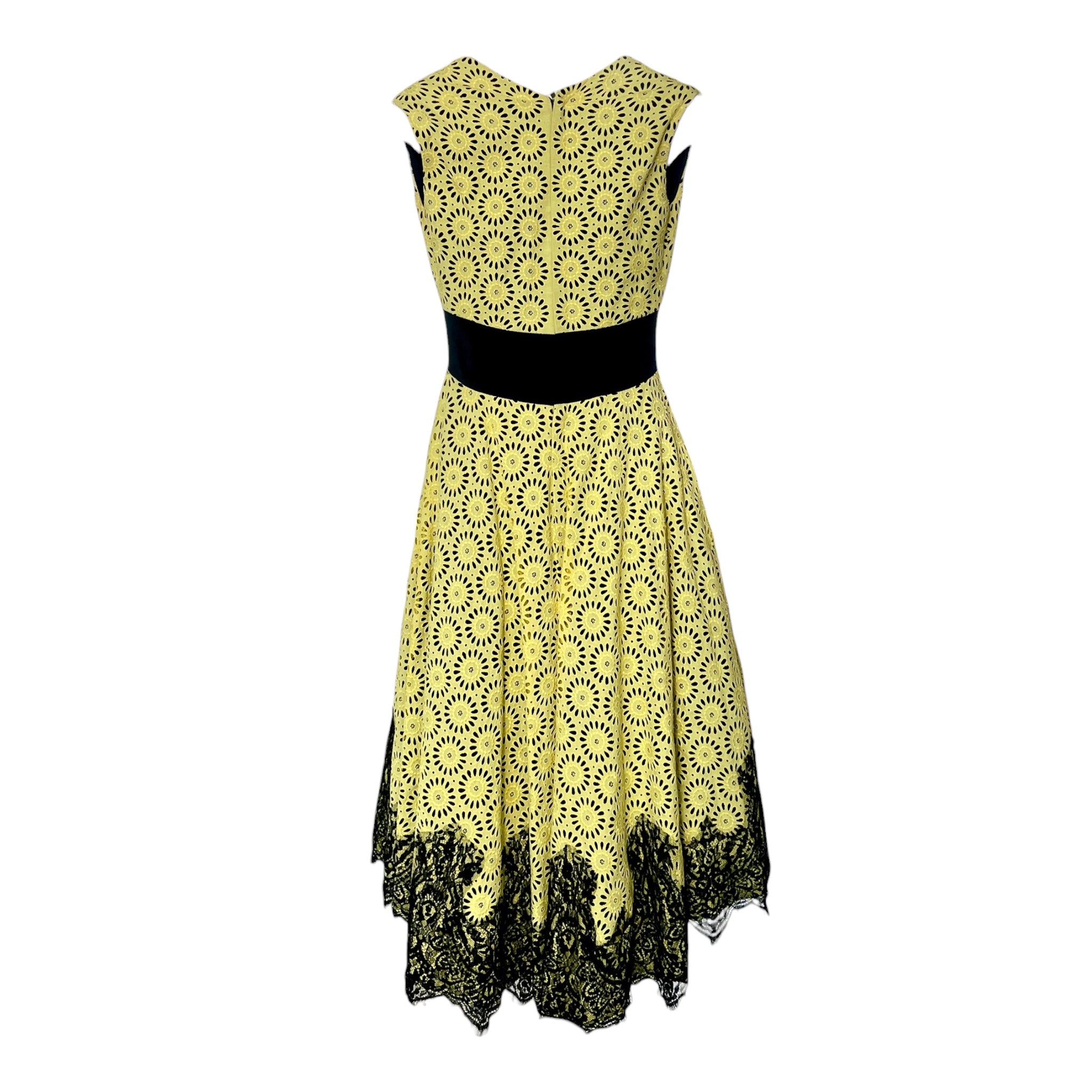 Irene 2000's Yellow Cotton Eyelet and Black Lace Fit and Flare Dress