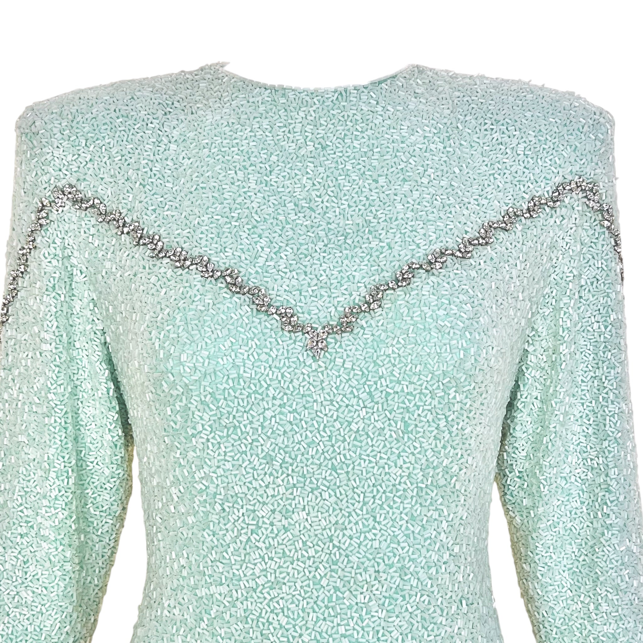 Galanos 1980's Fully Beaded Pale Aqua Blue Silk Evening Gown with Rhinestones, top