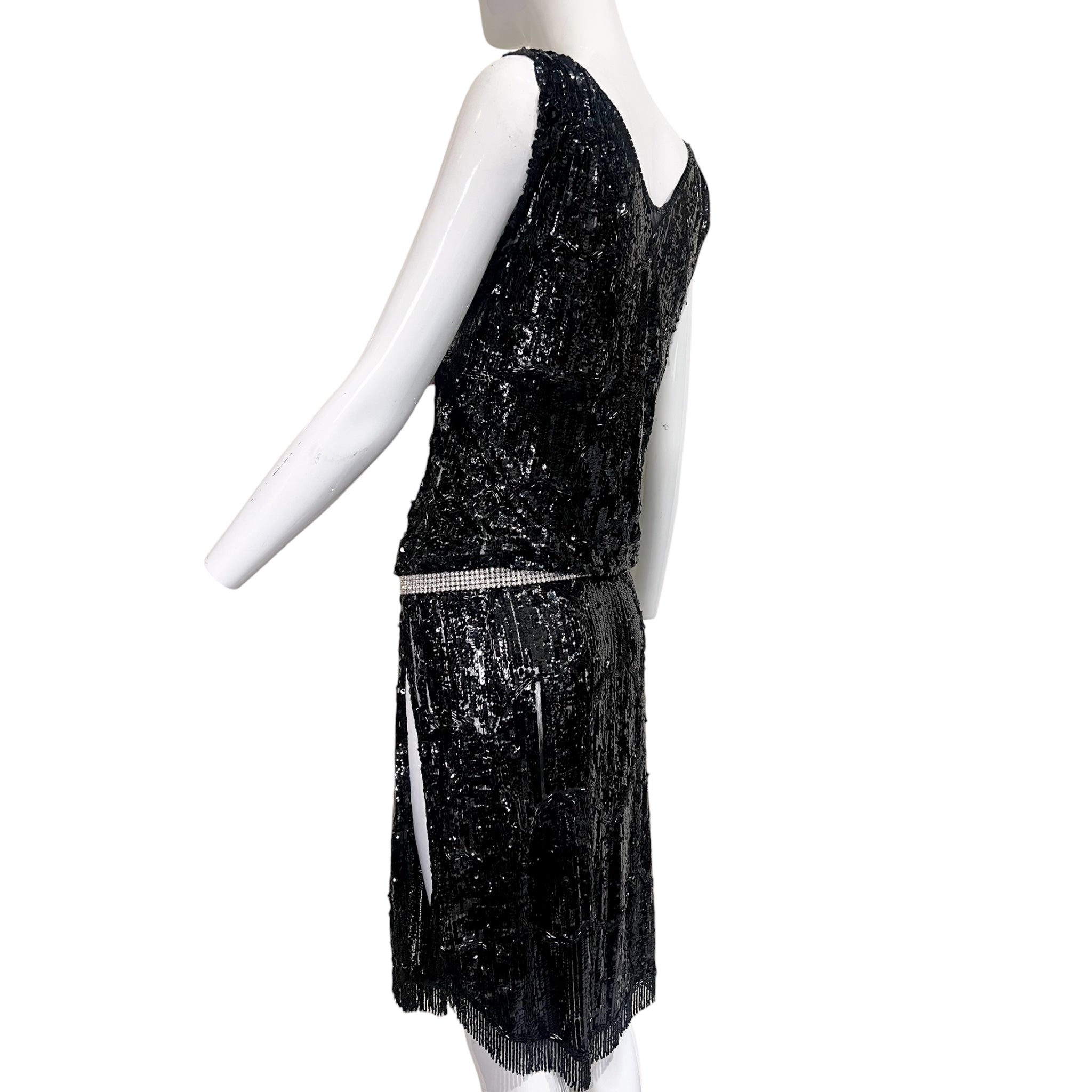 1920's Black Sequin Evening Dress with Rhinestone Belt and Beaded Fringe