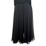 1950's Black Silk Chiffon Ruched Drop Waist Hourglass Halter Gown, skirt