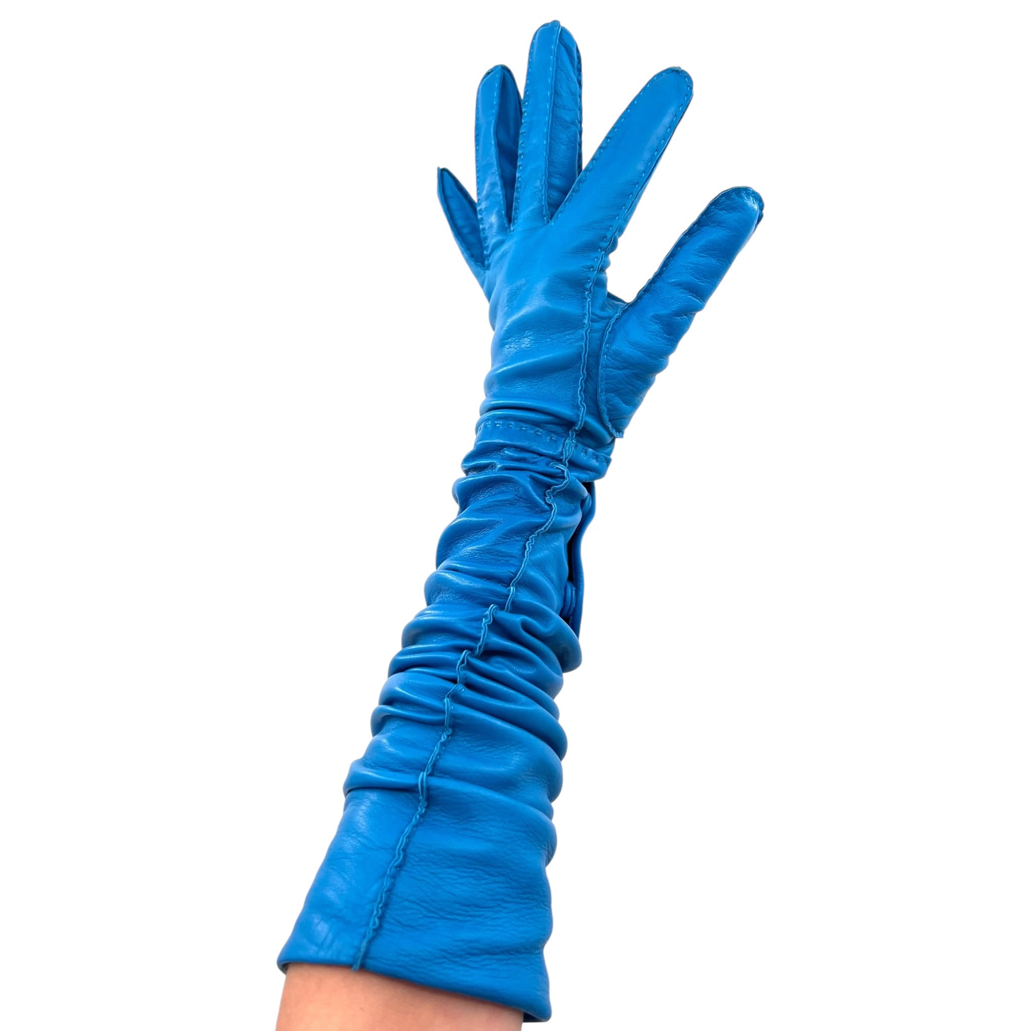 Prada 2020s Blue Lambskin Leather Elbow Length Gloves, left hand reaching