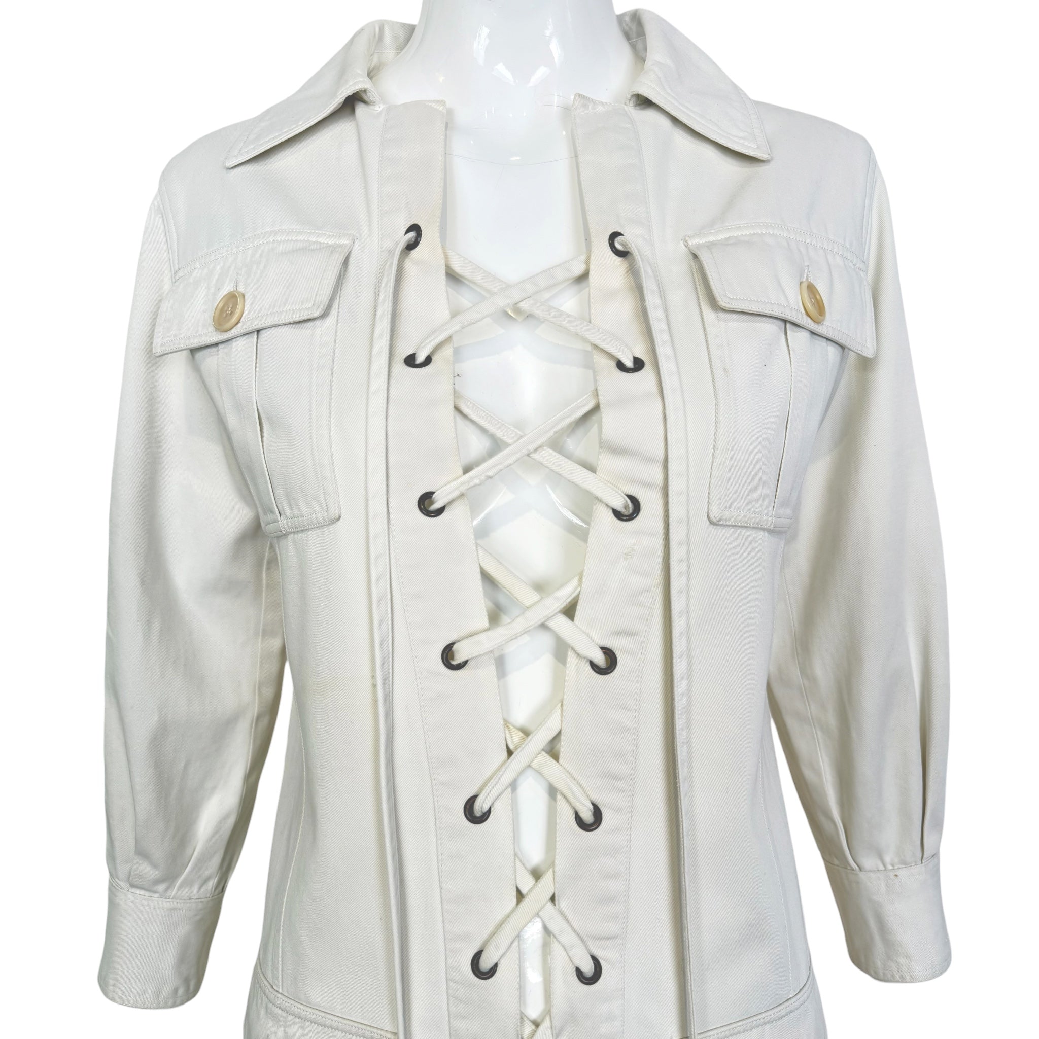 Yves Saint Laurent  1968 Saharienne Ivory Safari Mini Dress, Original and Rare, lace up detail