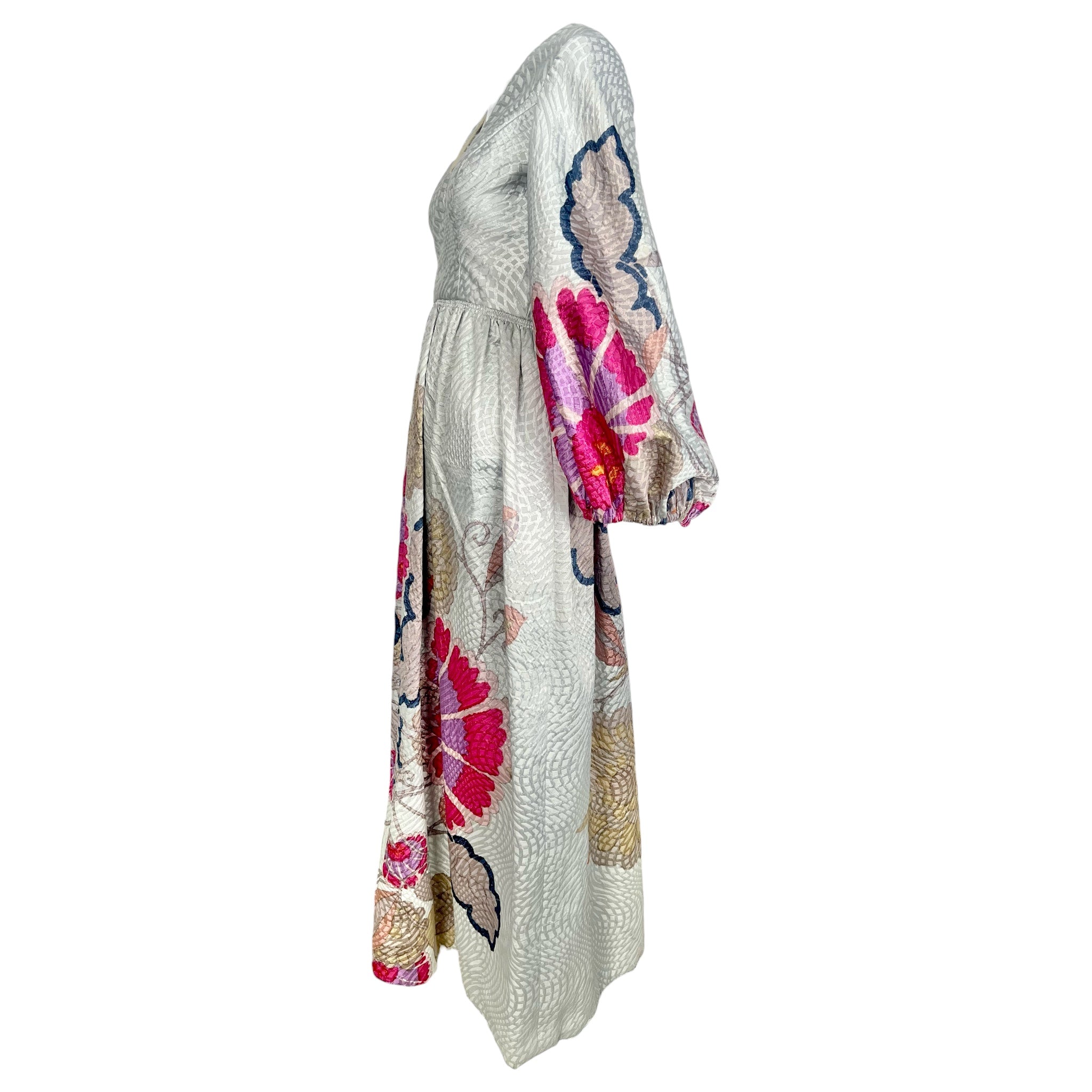 Bill Blass 1969 Silver Brocade Pink Floral Long Sleeve Full Length Dress, Documented, side