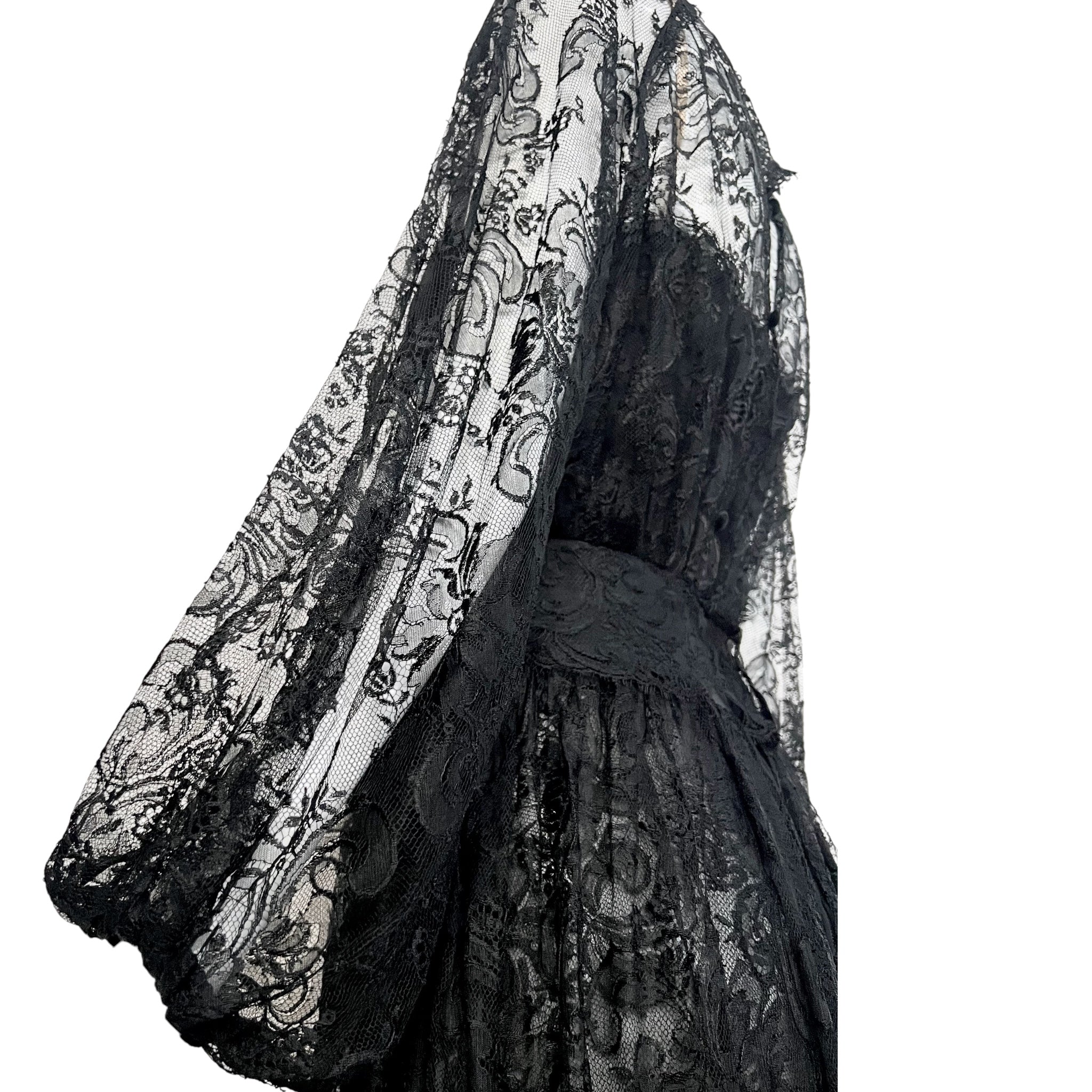 Galanos 1980's Black Chantilly Lace and Silk Chiffon Long Sleeve Gown, side sleeve and waist