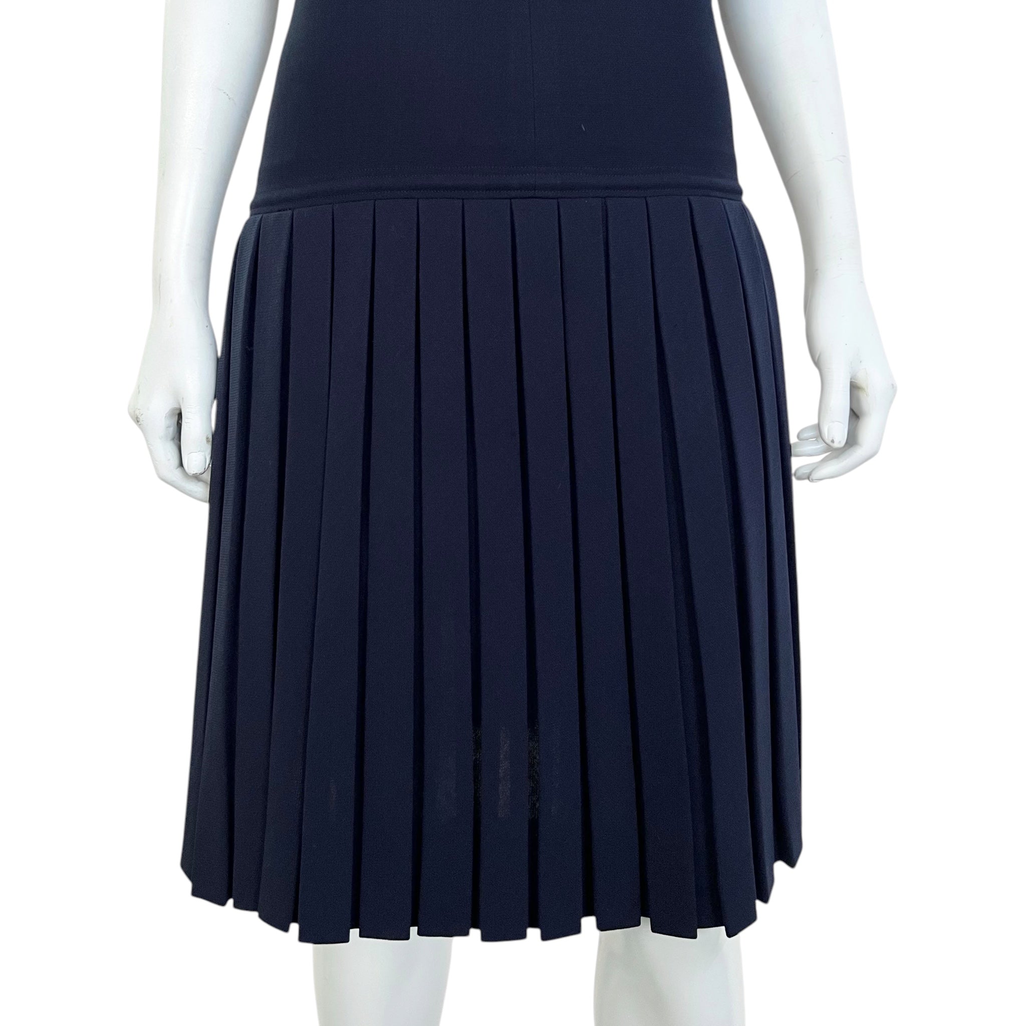Pierre Balmain Haute Couture Early 1960's Navy Blue Wool Pleated Day Dress, pleated skirt