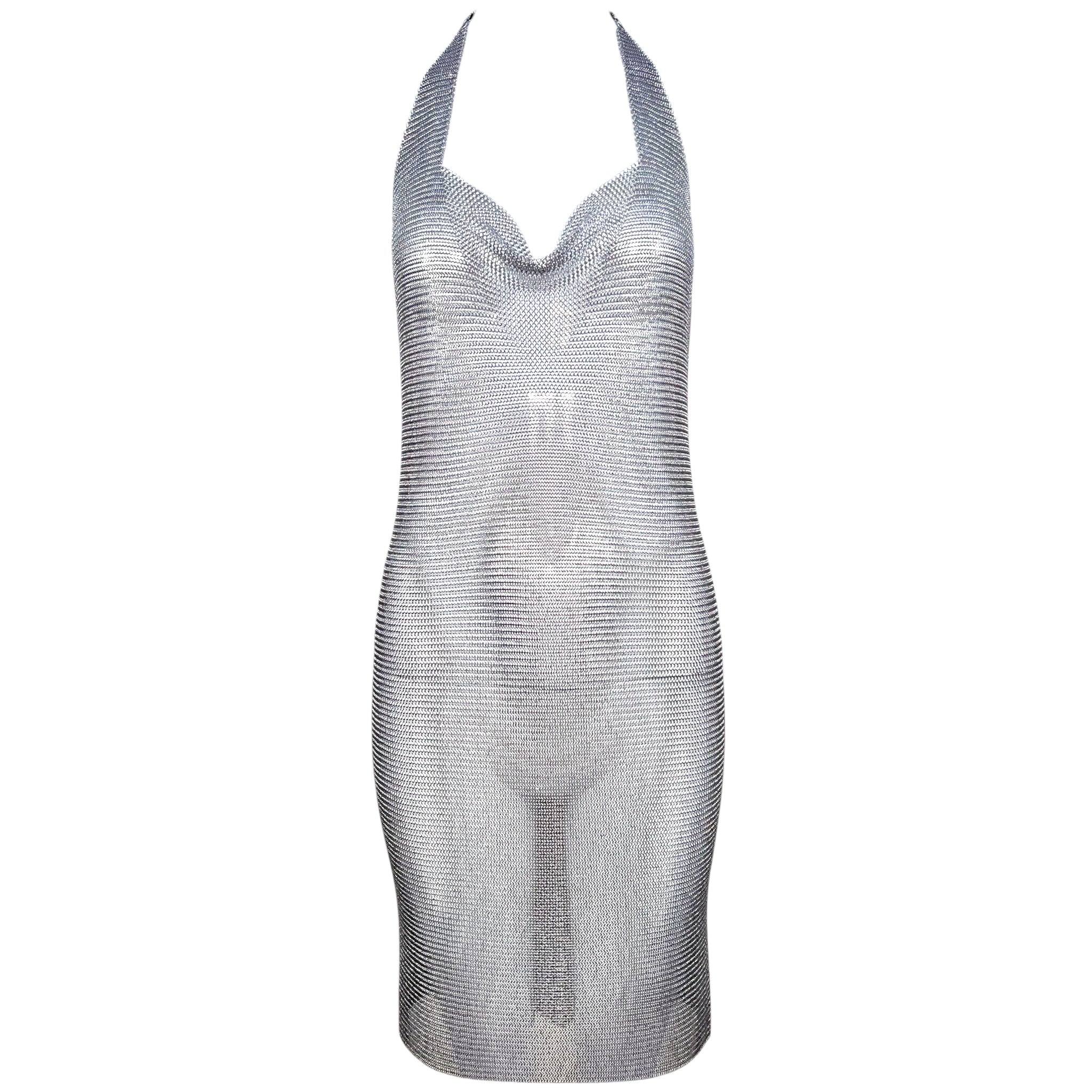 Ferrara 1980s Rare Pewter Ring Mesh Chain Mail Halter Dress, front