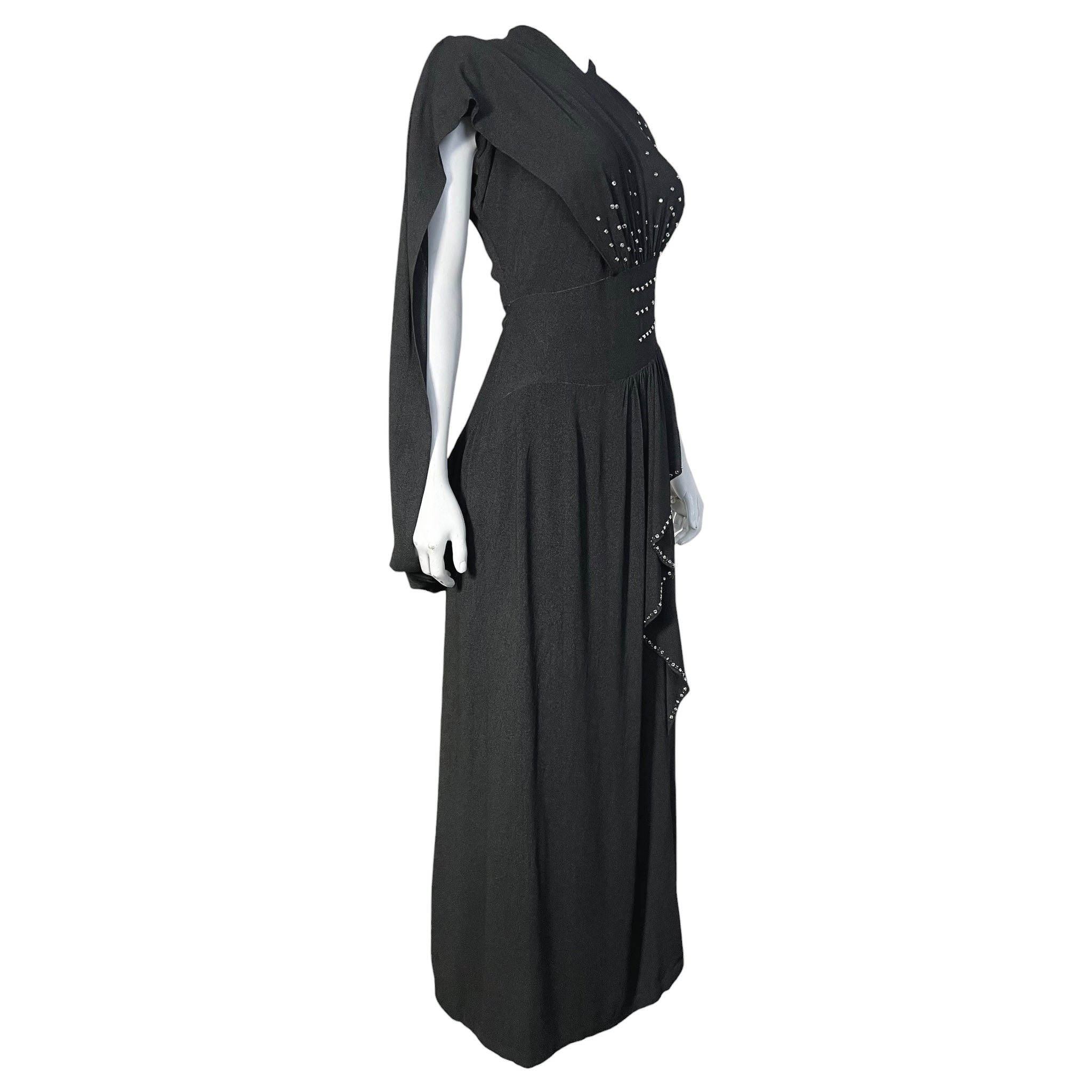 1940's Charcoal Rayon Crystal Studded Evening Dress with Swag Drape, slight side 2