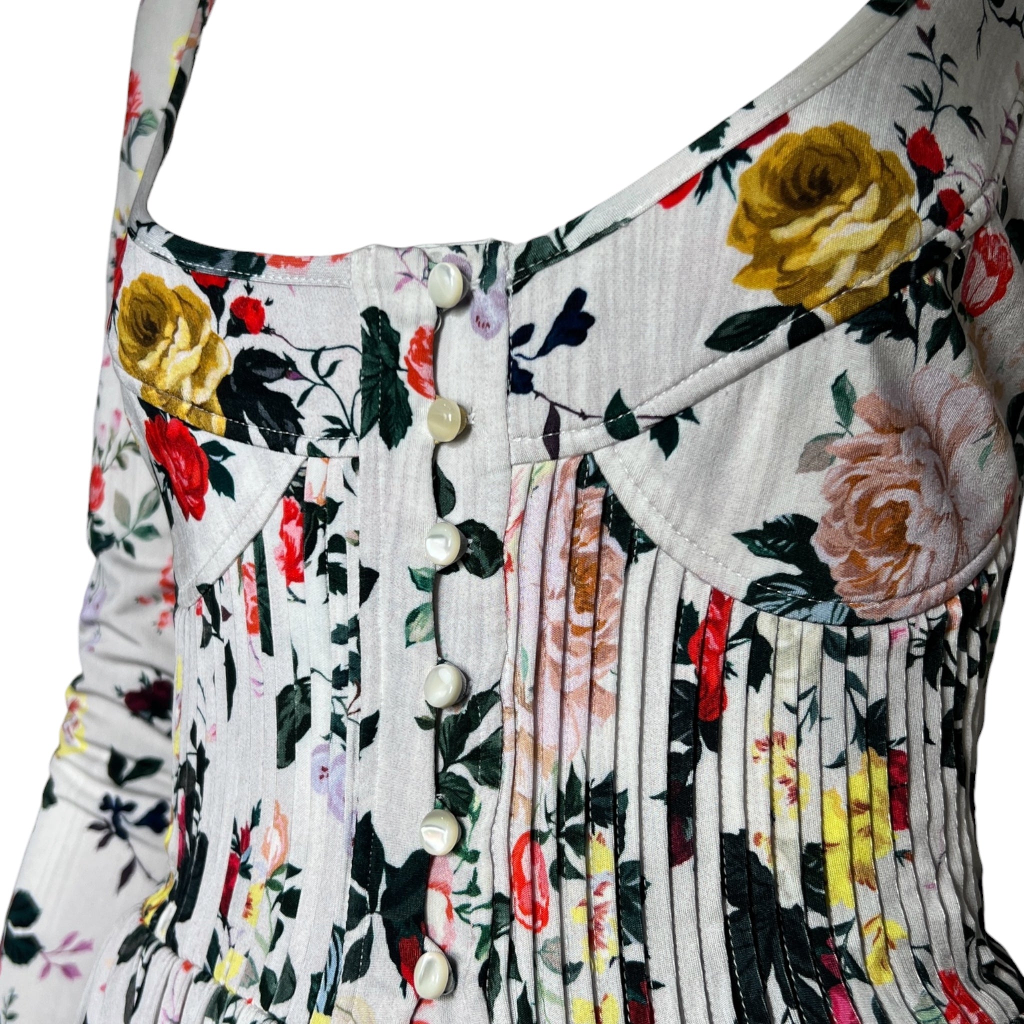 Paco Rabanne 2020s Pintucked Romantic Floral Jersey Maxi Dress, bust detail