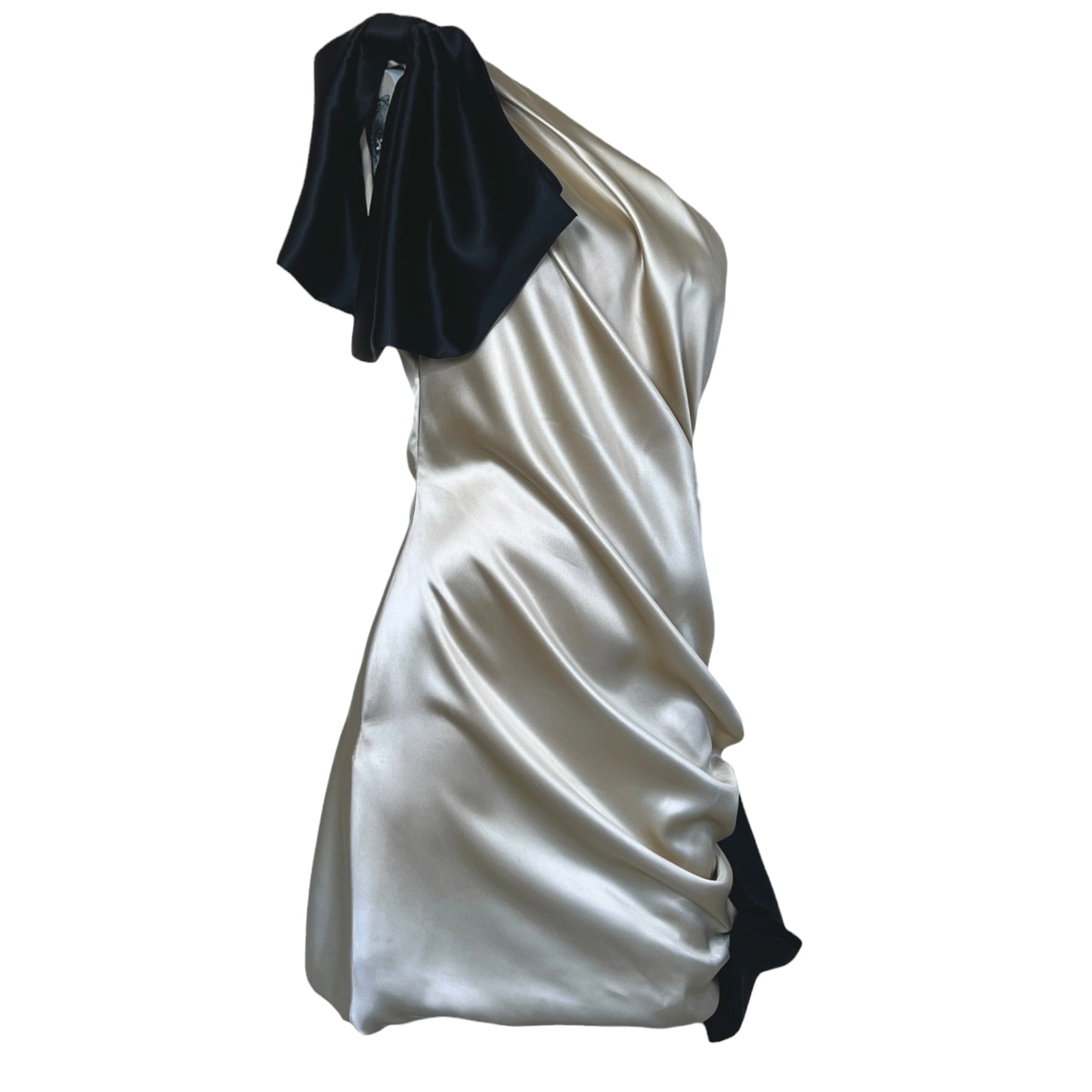 Dolce and Gabbana Y2K Cream and Black Silk Satin One-Shoulder Mini Dress, slight side
