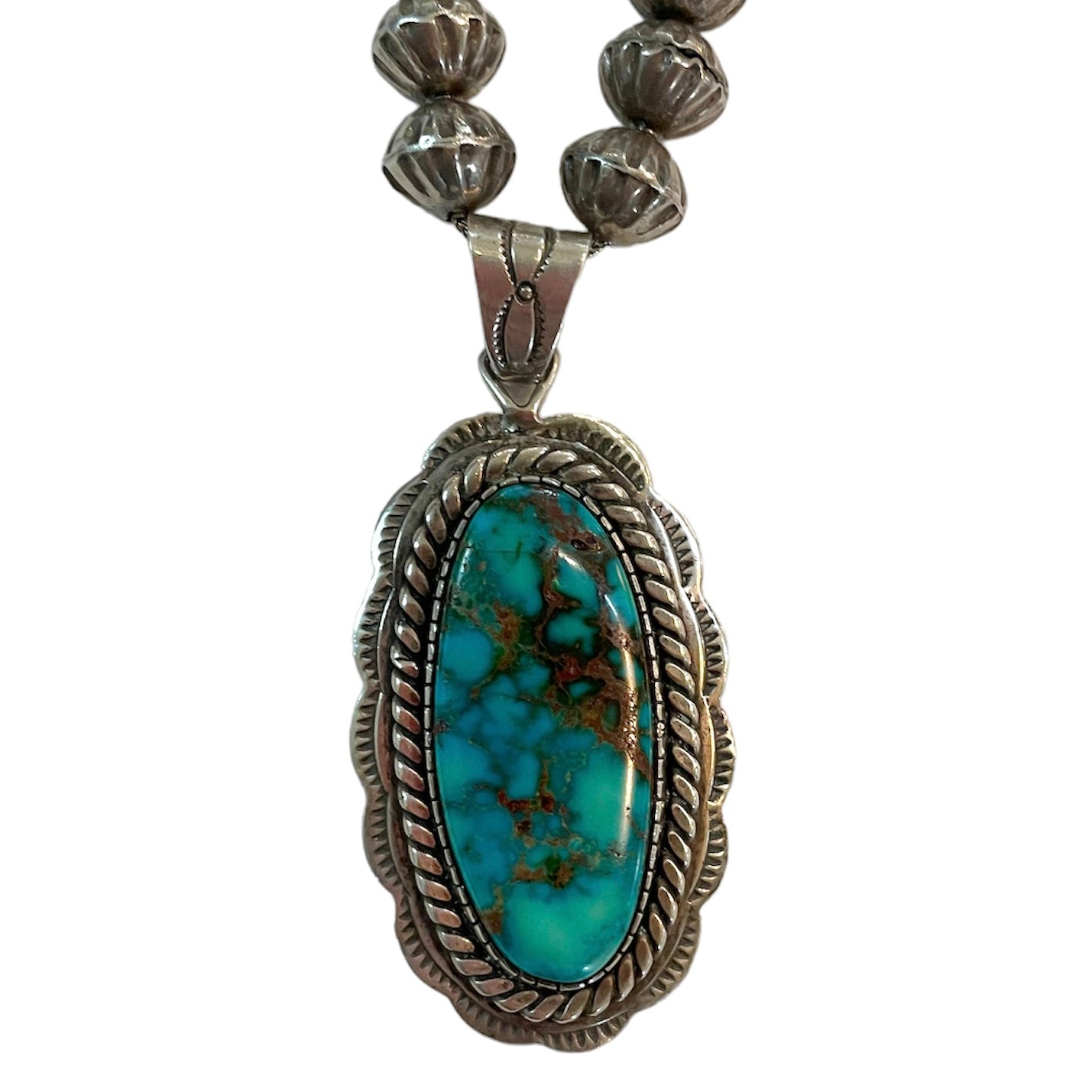 Morenci Turquoise and Sterling Silver Navajo Pendant Necklace DETAIL 2 of 3