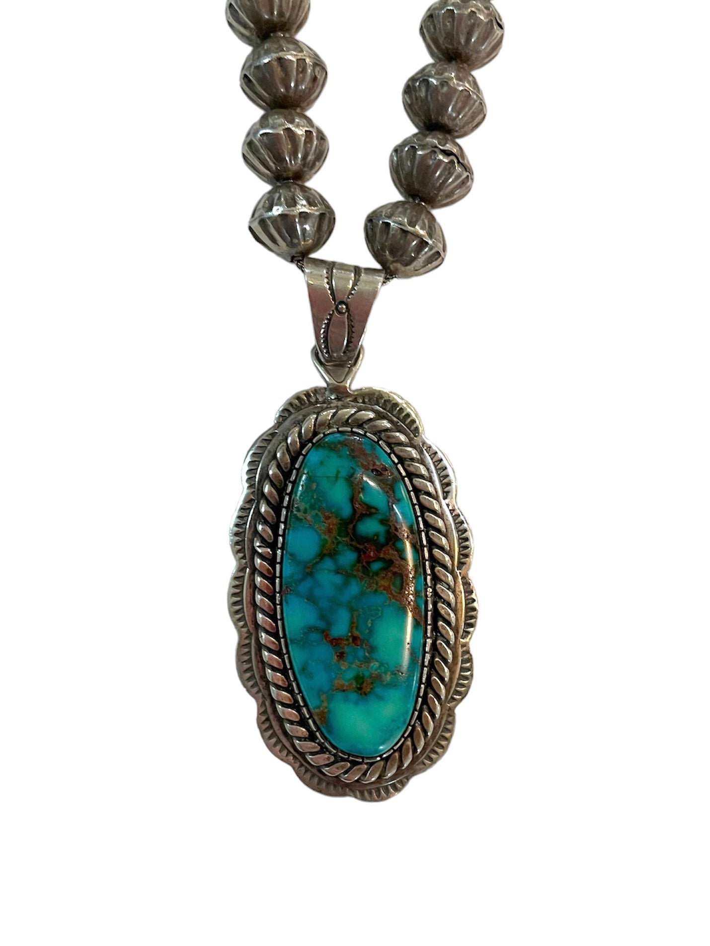 Morenci Turquoise and Sterling Silver Navajo Pendant Necklace DETAIL 2 of 3