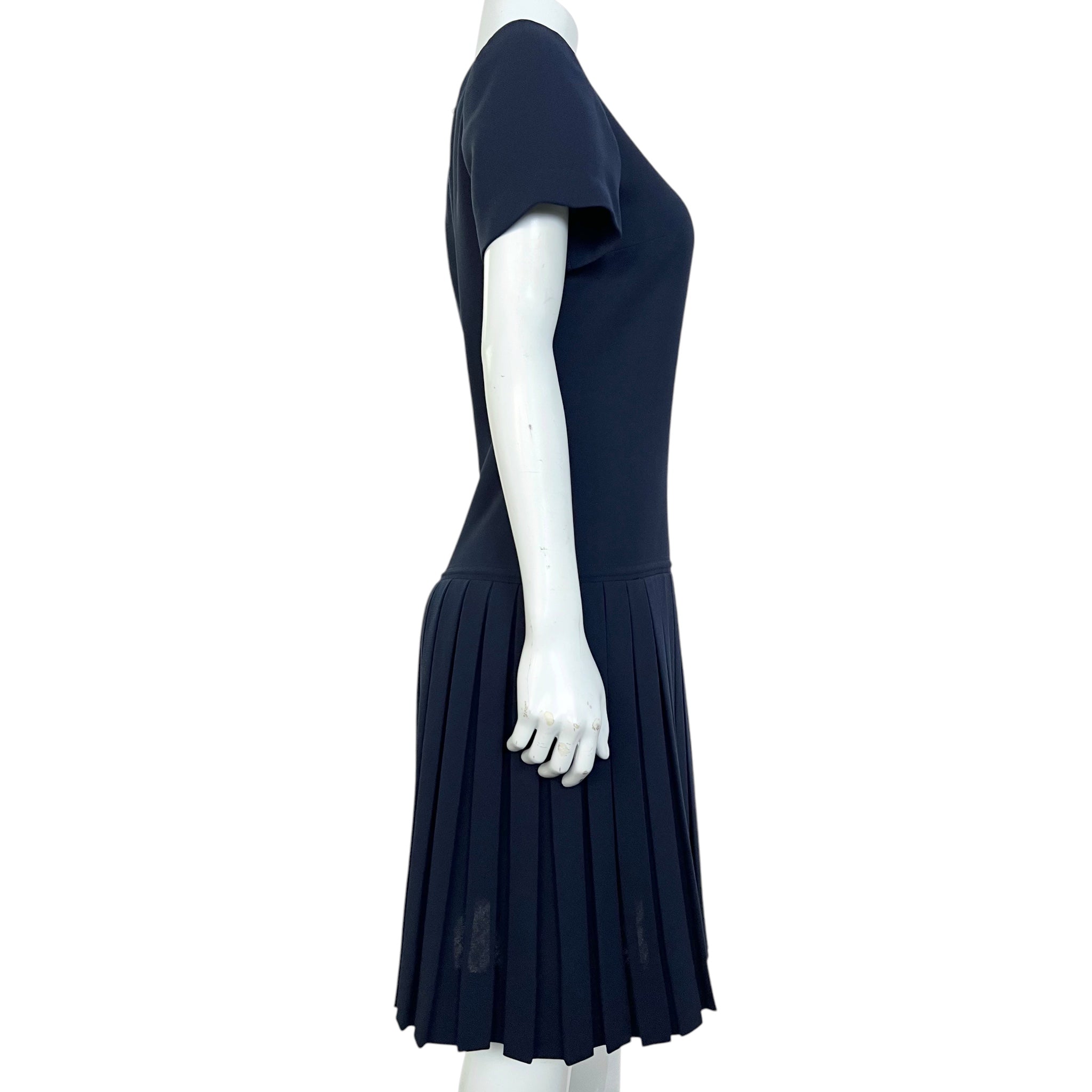 Pierre Balmain Haute Couture Early 1960's Navy Blue Wool Pleated Day Dress, side