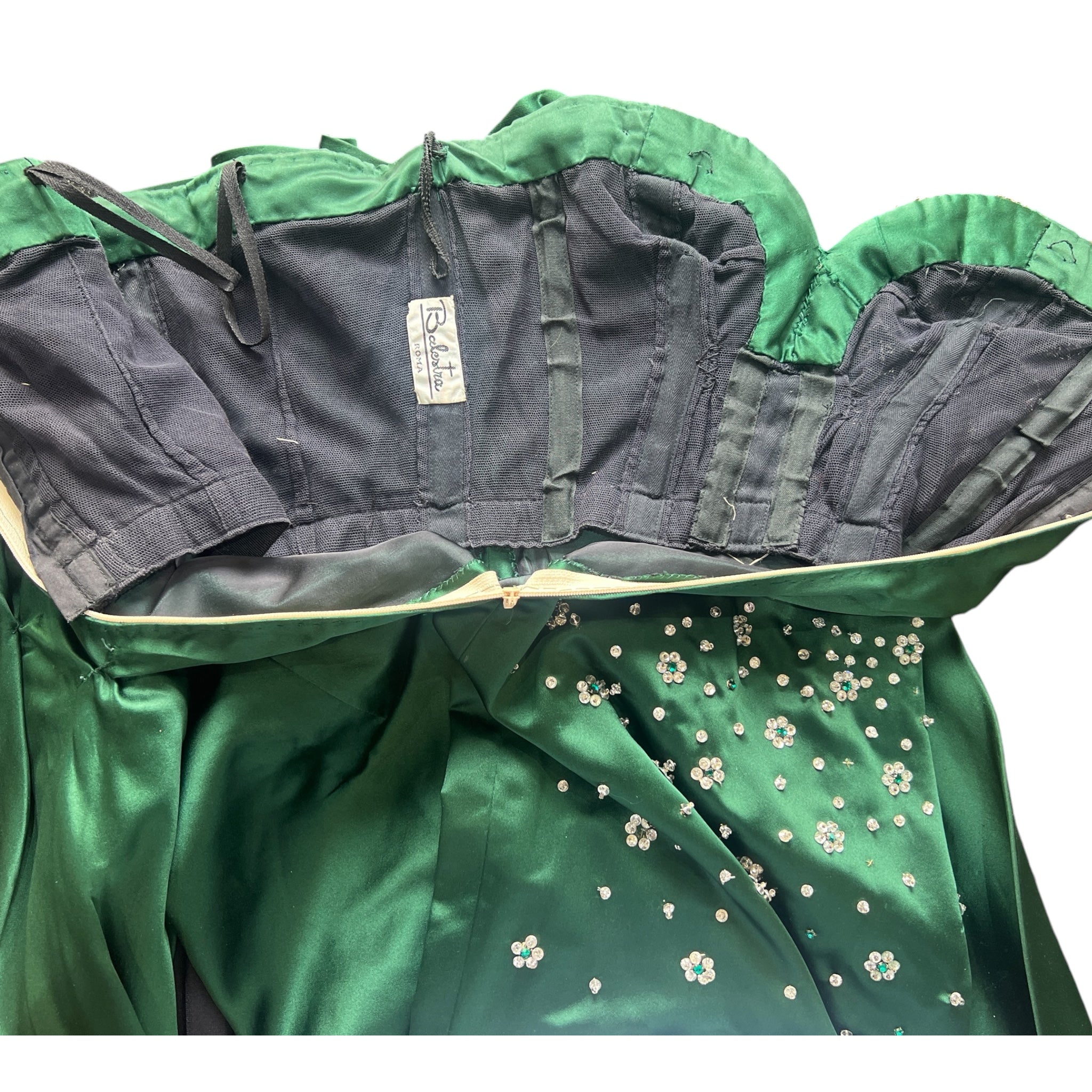 Balestra Roma Couture 1980's Emerald Green Satin and Rhinestone Strapless Gown, inside foundation