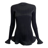 Y2K Issey Miyake Black Trumpet Hem Pleats Please Skirt Set, blouse