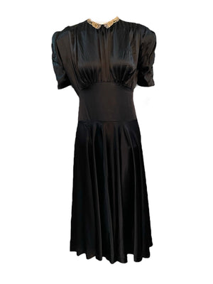 30s Black Satin Party Dress with Marcasite Buckle FRONT 1 of 5